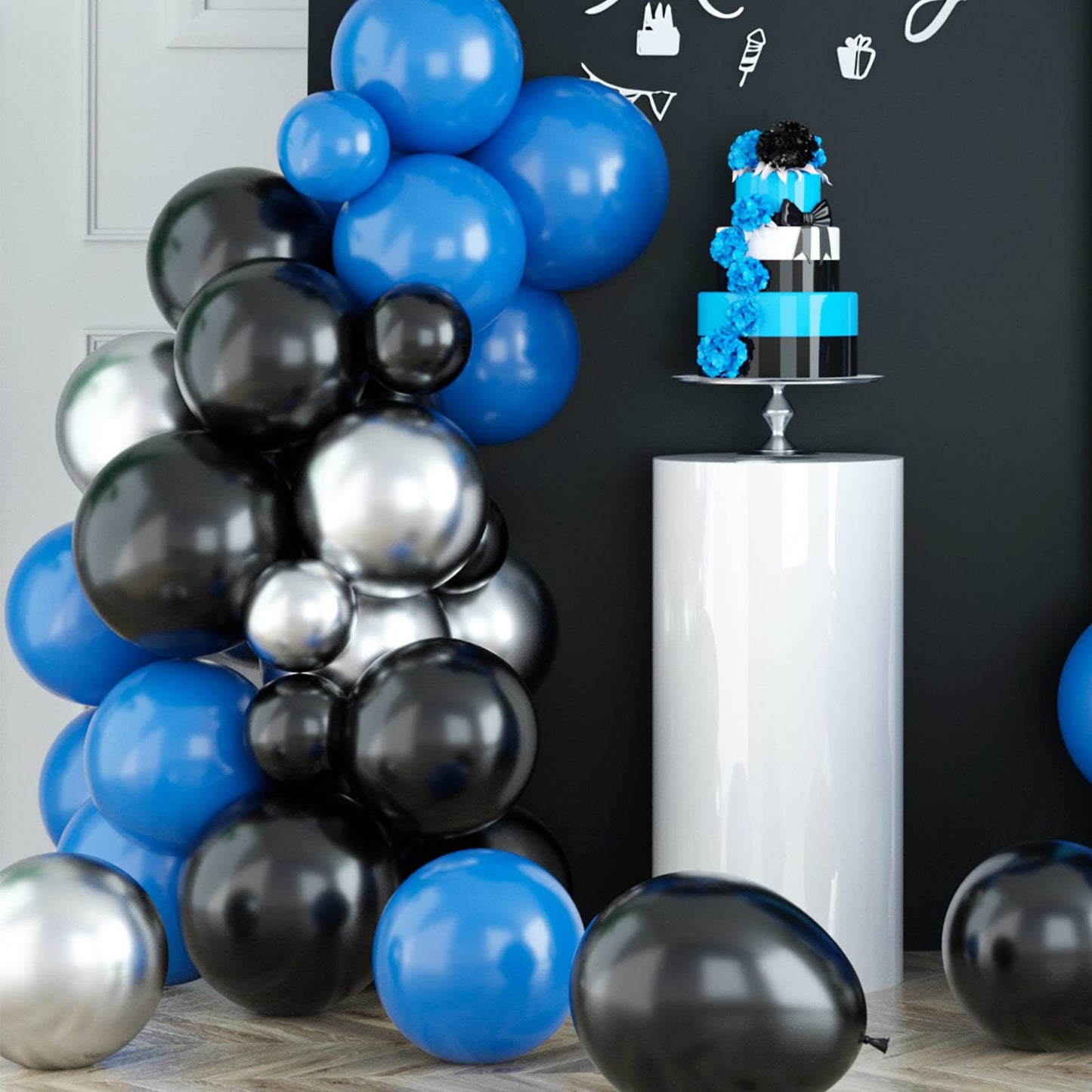Black Blue Silver Balloon Garland Kit, Blue Silver Balloon Garland Kit With Black Blue And Silver Latex Balloons, Black Blue Sil