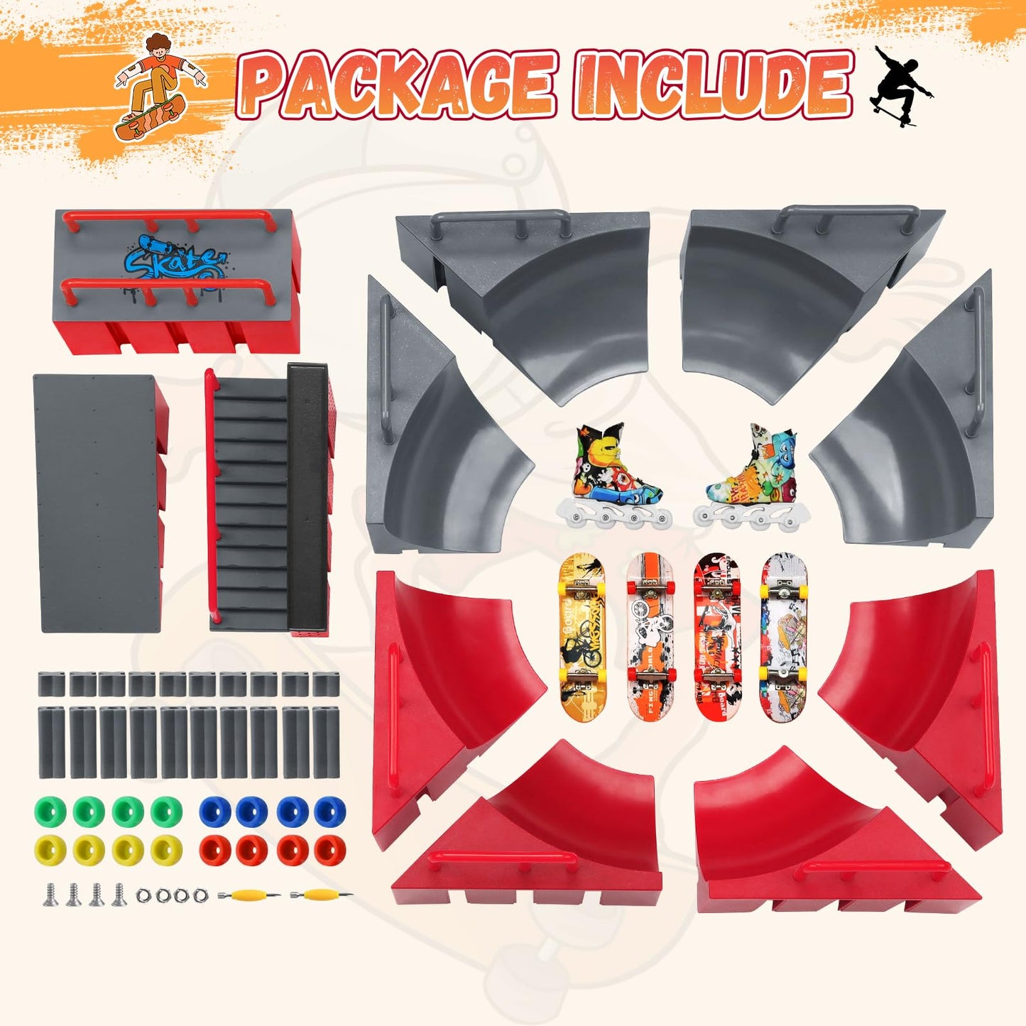 Ketiee Fingerboard Skate Park Kit: 17Pcs Finger Skateboard Ramp Set With Exclusive 11 Ramps 4 Mini Skateboards & Roller Skates, Large Finger Skatepark Training Props Toys Gifts For Kids Ages 6 And Up