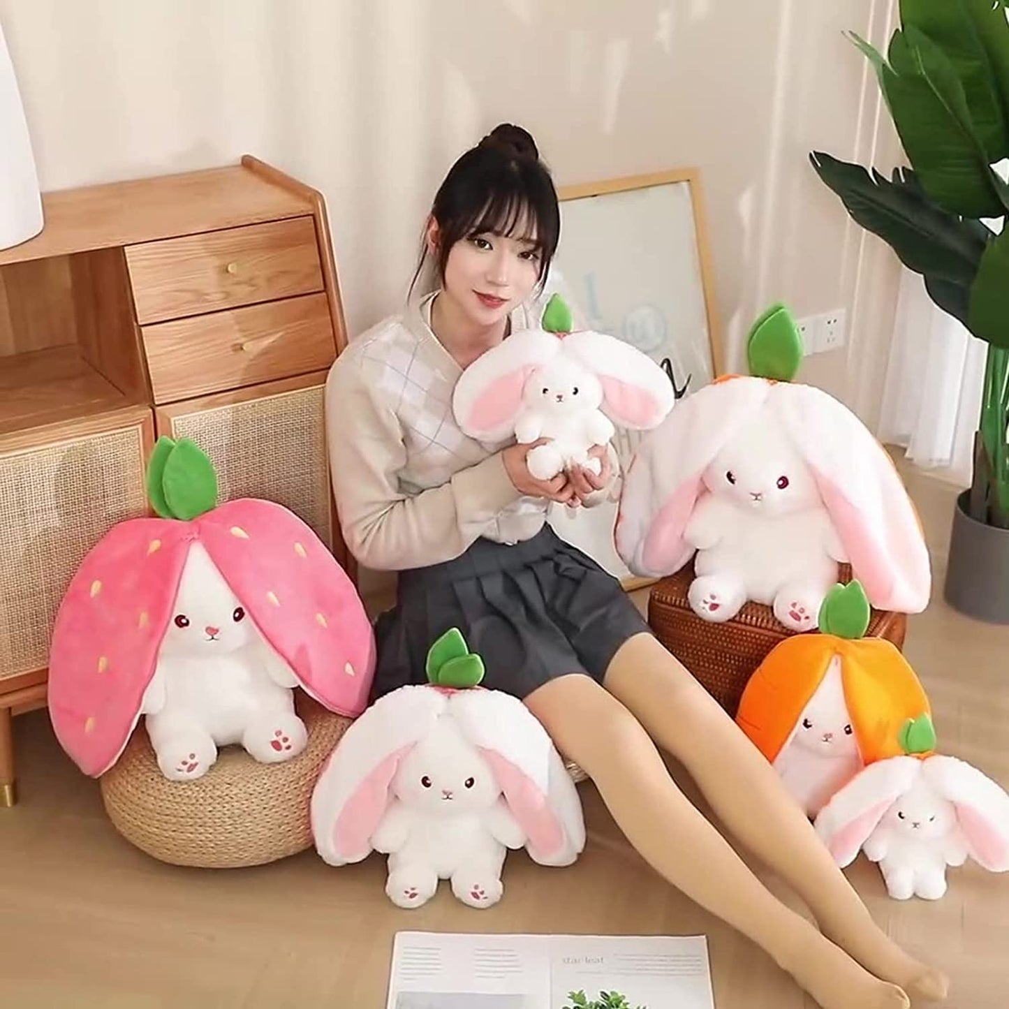 MIAODAM Bunny Stuffed Animal, Reversible Strawberry Rabbit Plush, 7 Cuddle Toy, Cute Doll for Easter & Gifts