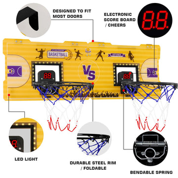 Fbsport Basketball Hoop Indoor, 2 Player Door Basketball Hoop Indoor Mini Basketball Hoop With 4 Balls And Led Light, Over The D