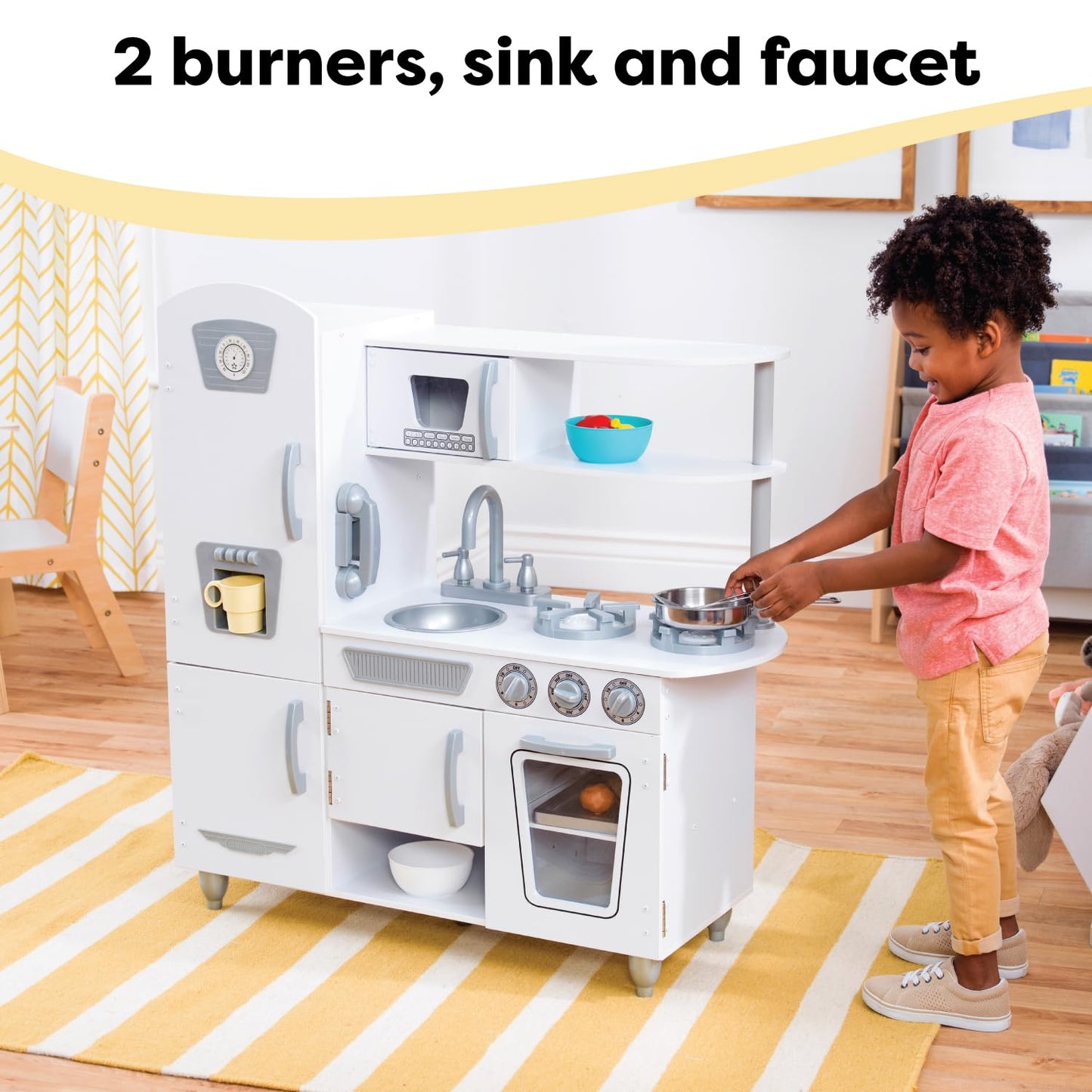 KidKraft Vintage Wooden Play Kitchen with Pretend Ice Maker and Play Phone, White