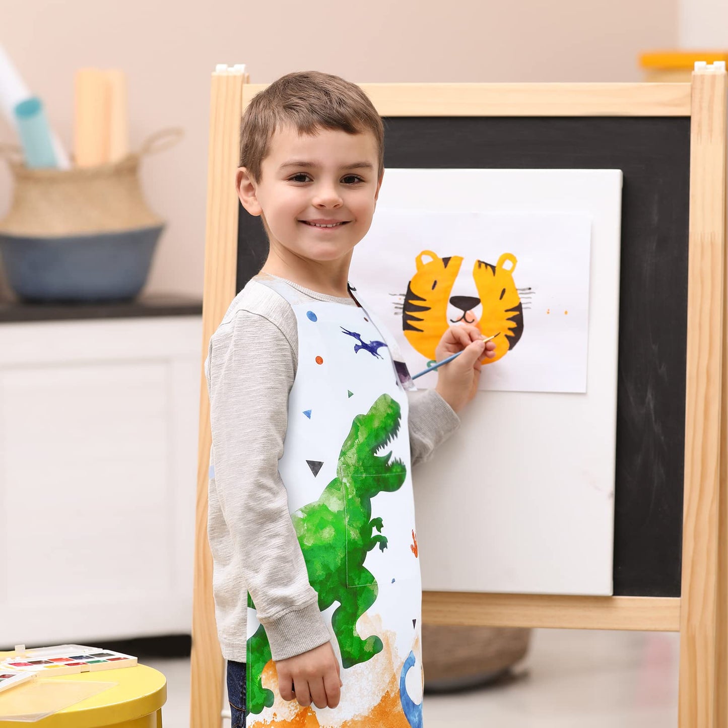 Dinosaur Kids Apron - Waterproof Polyester Aprons With Adjustable Strap And Pocket Kitchen Chef Bib Aprons For Boys Cooking Baking Painting Party Christmas Birthday Gifts (Extra Small,2-5 Years)