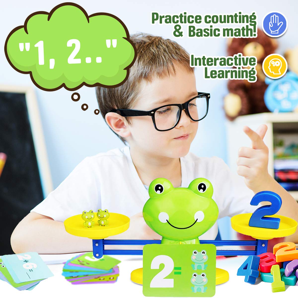CozyBomB™ Homeschool Kindergarten Balance Board Game - Educational STEM Toy for Kids Ages 3-6, Green, Balancing Numbers with Frog Scale Cards