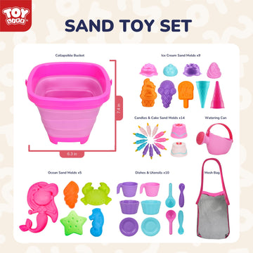 TOY Life 41 Pcs Beach Toys Collapsible Sand Toys Toddlers with Silicone Bucket Shovels & Sand Castle Building Kit Molds, Sandbox