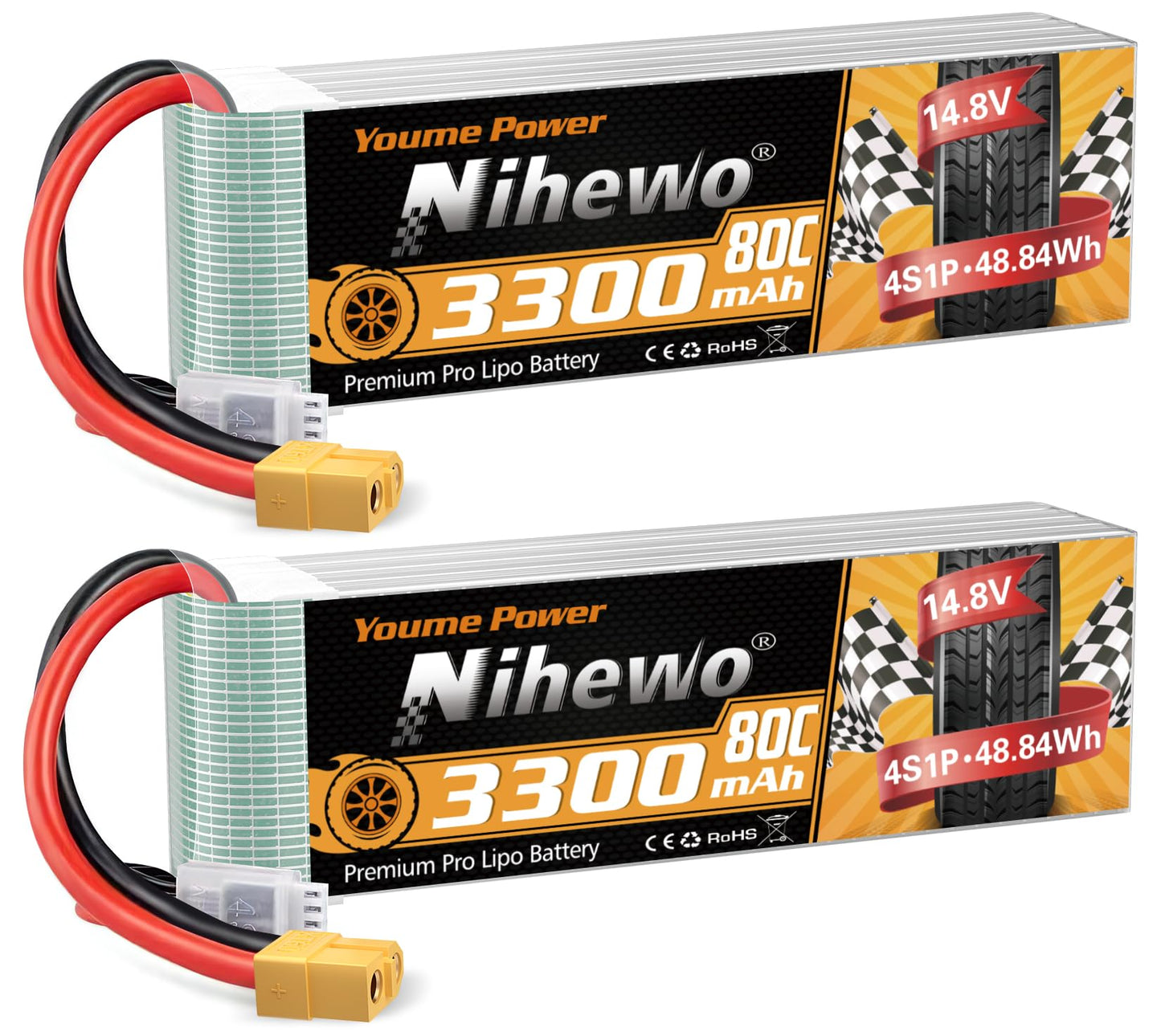 Nihewo 2Packs 4S Lipo Battery Pack, 14.8V Lipo Battery 3300mAh 80C XT60 Connector Compatible with Axial E-flite RC Airplane Plan