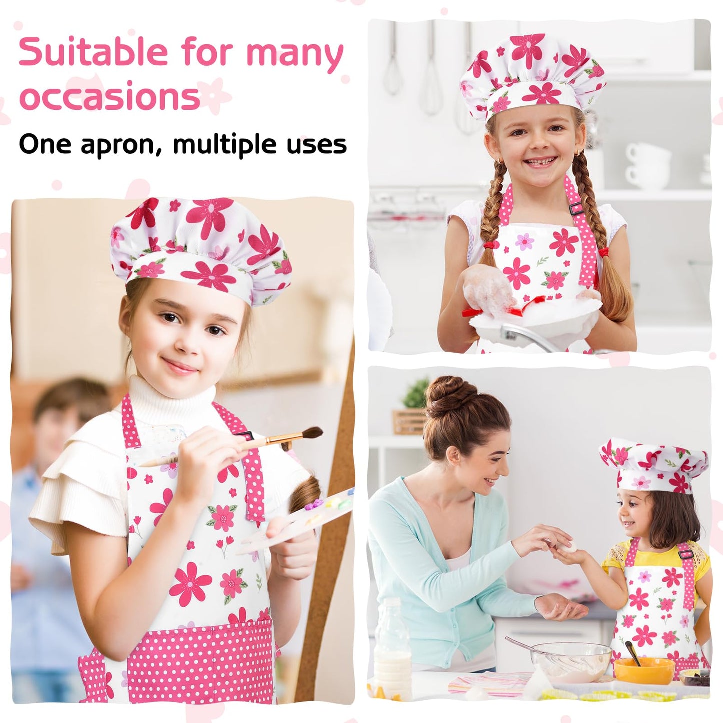 Kids Apron And Chef Hat Set, Cute Pink Flower Apron Adjustable Kids Aprons With 2 Pockets, Kids Cooking Aprons Artist Aprons Kit
