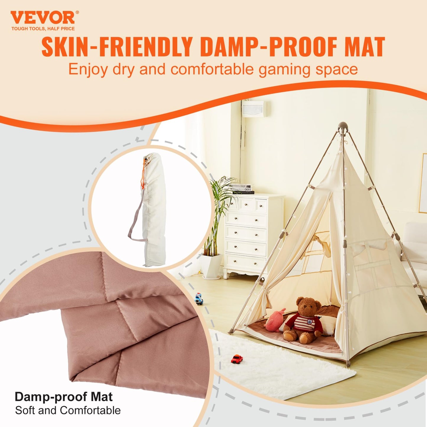 Vevor Kids Play Tent, Teepee Tent For Kids 3-5 Years Old, Tent For Kids With Windows For Indoor And Outdoor, Foldable Toddler Tent With Mat And Carrying Bag, Kids Tent For Boys And Girls, Beige