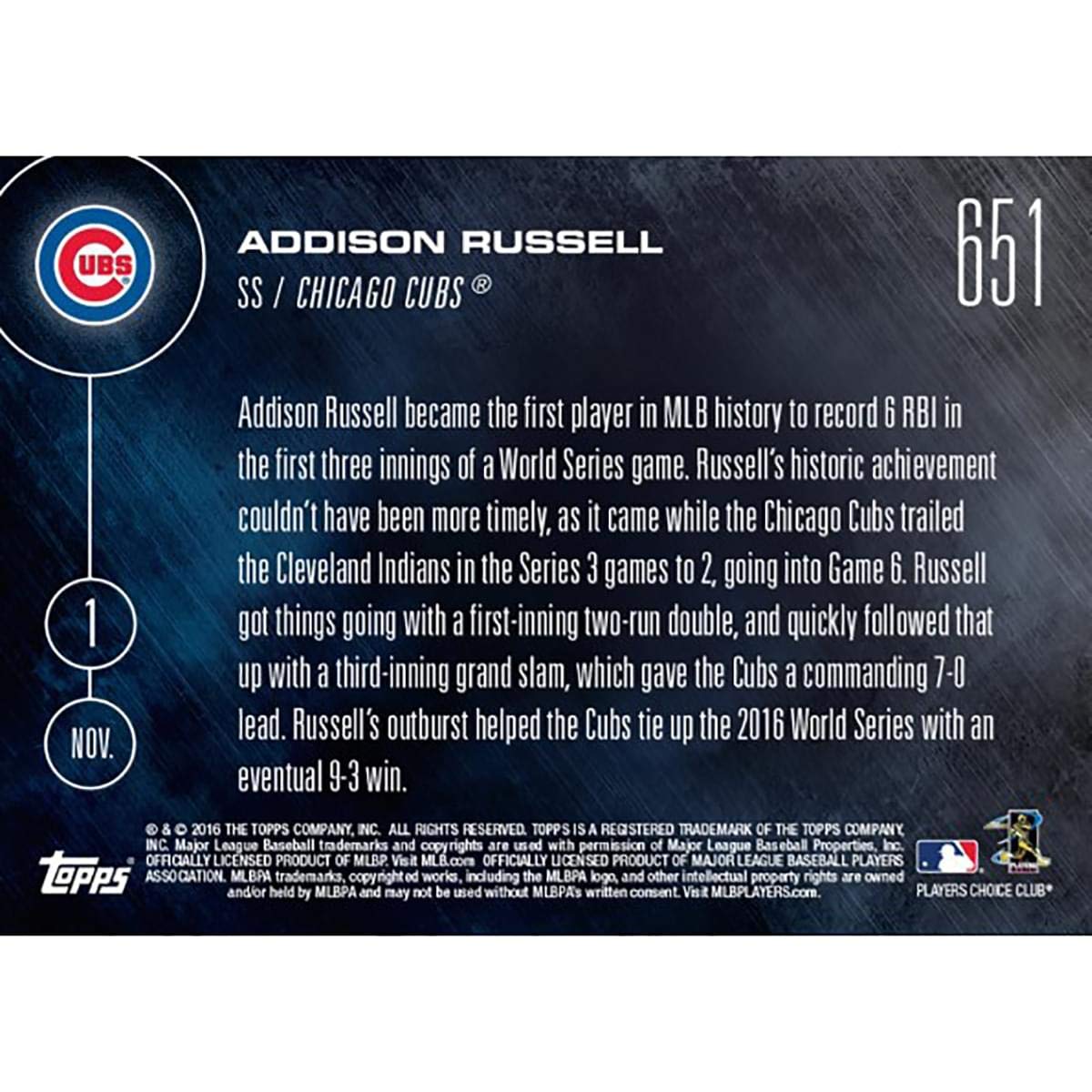 MLB Chicago Cubs Addison Russell #651 2016 Topps Now Trading Card
