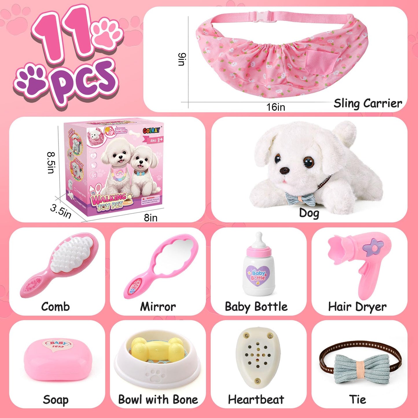 Golray Toy Dog for Kids Girls, Stuffed Dog with Heart Beat & Skeleton Transform, Sling Carrier & Toddler Girl Toy Kid Plush Pupp