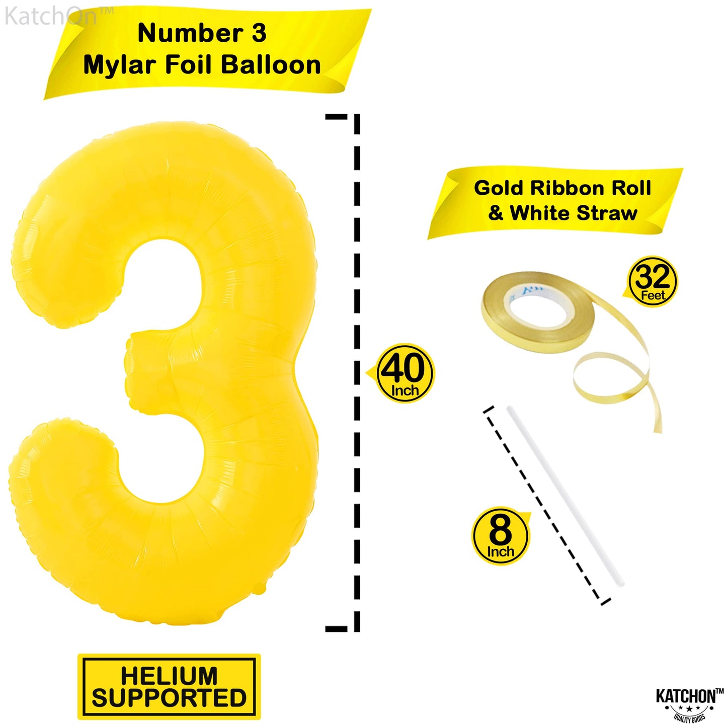 Katchon, Big, Yellow 3 Balloon Number - 40 Inch | Yellow Three Balloon For 3 Year Old Balloons Birthday | 3Rd Birthday Decorations For Boys | 3 Birthday Balloon, Honey Bee Birthday Party Decorations