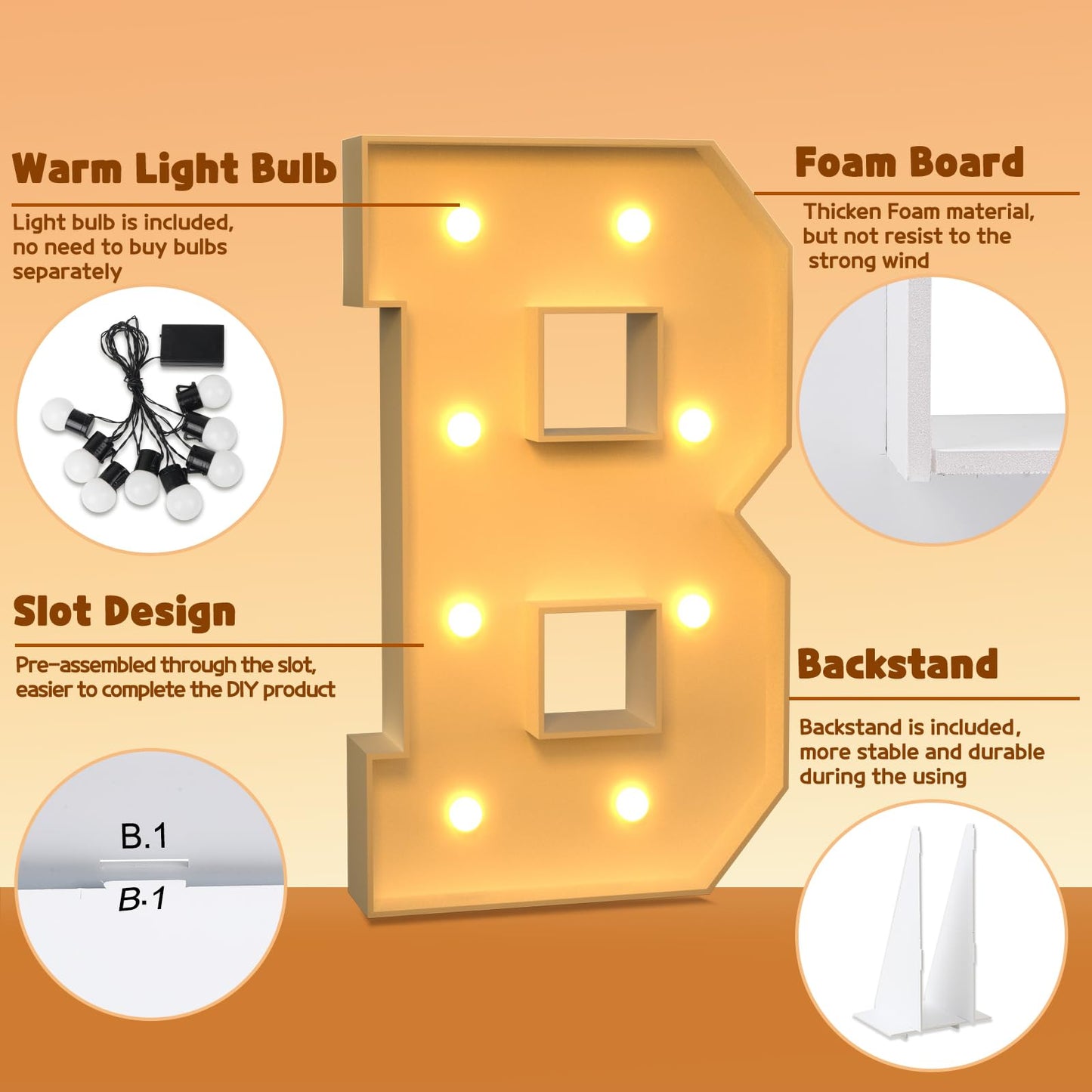 Imprsv Marquee Letter B, 3Ft Block Craft Kit For Party Decorations, Large Light Up Letters For Wedding, Baby Shower, Engagement