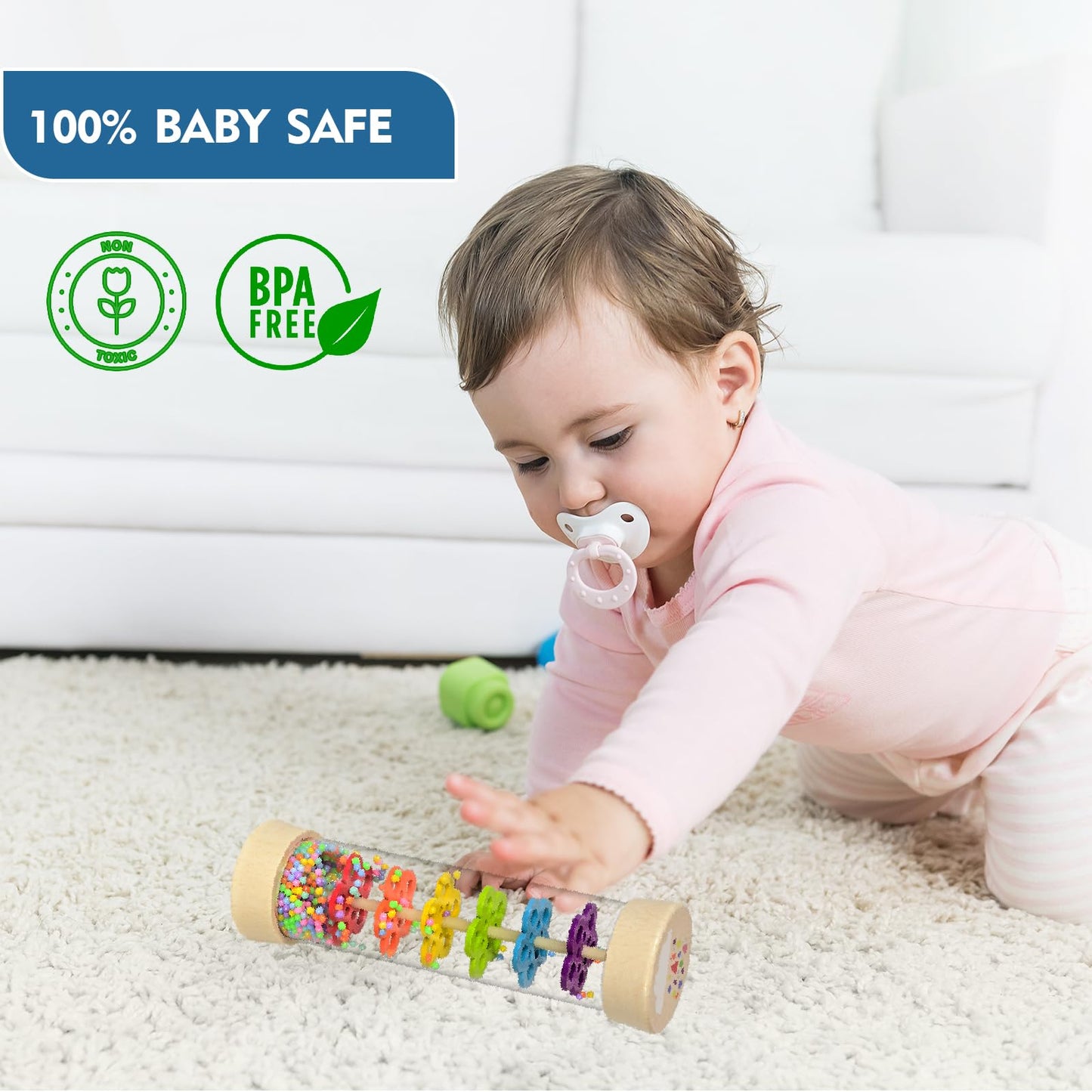 Greseesm Rain Stick, 7.7 Wooden Rainmaker Montessori Toys For Baby 6-12 Months, Baby Rattle Sensory Development Toys, Infant