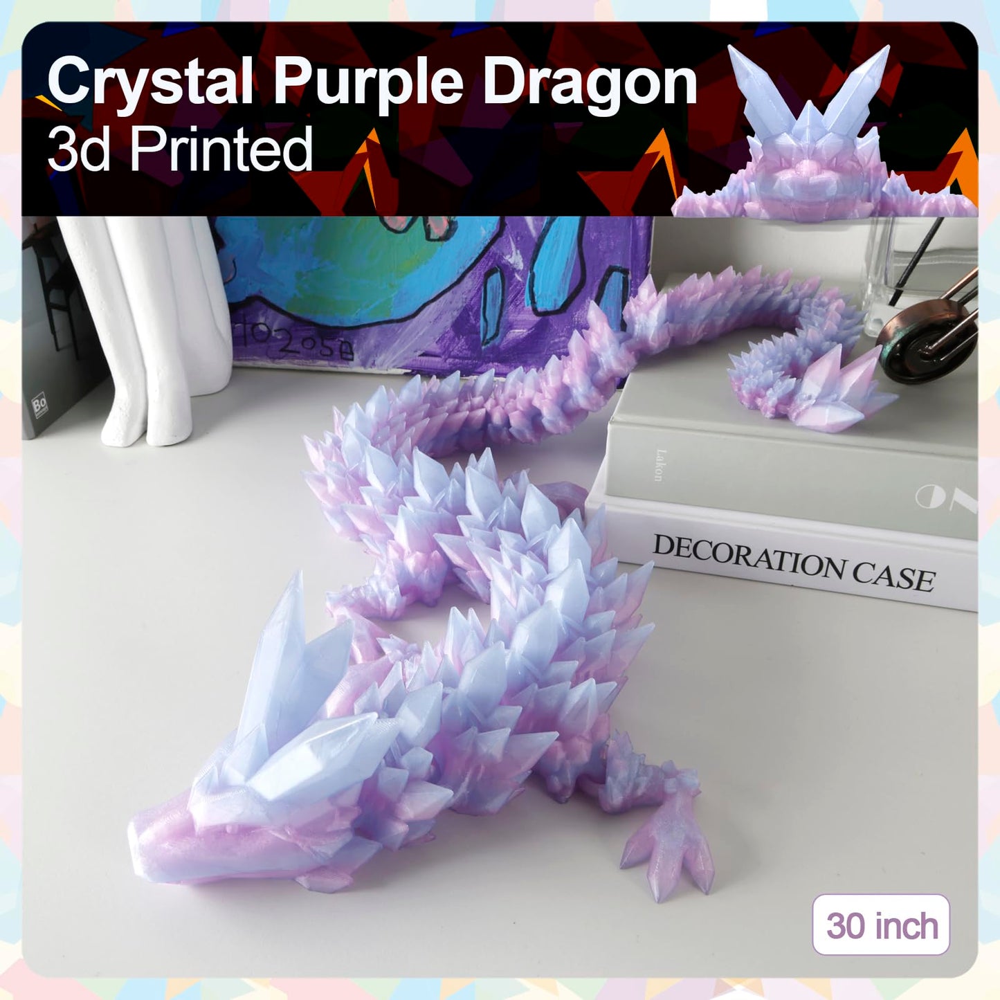 Rwsefk 30 In 3D Printed Dragon, 30Inch Dragon,3D Dragon Toy,Large Dragon Present,Ariculated Crystal Dragon (Dream Crystal, L)
