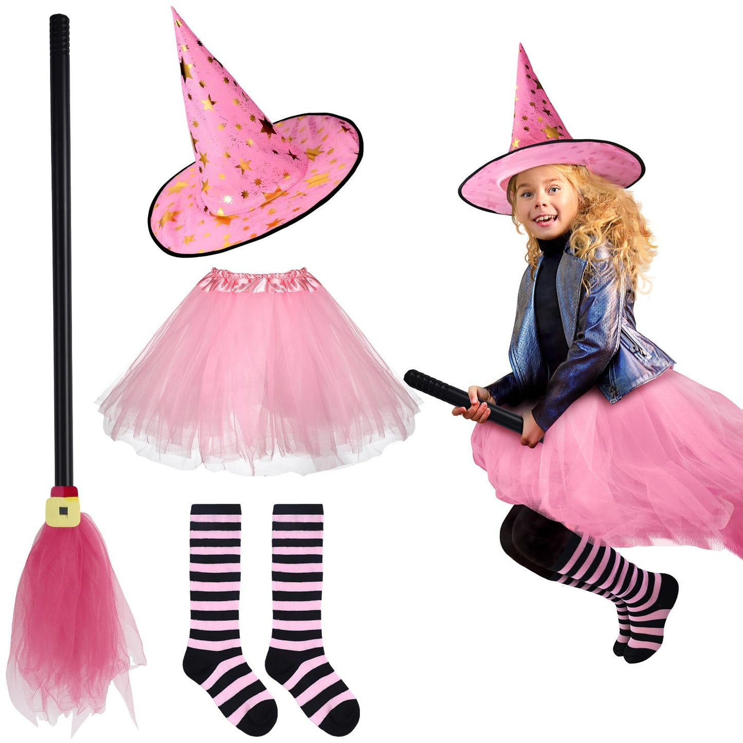 Panitay Halloween Witch Costume For Toddler Girls Includes Pink Tutu Hat Broom And Socks