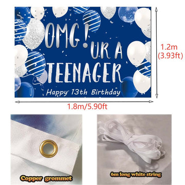 13th Birthday Backdrop Banner, OMG UR a Teenager 13th Birthday Photography Background Blue Silver, Happy 13th Birthday Decoratio