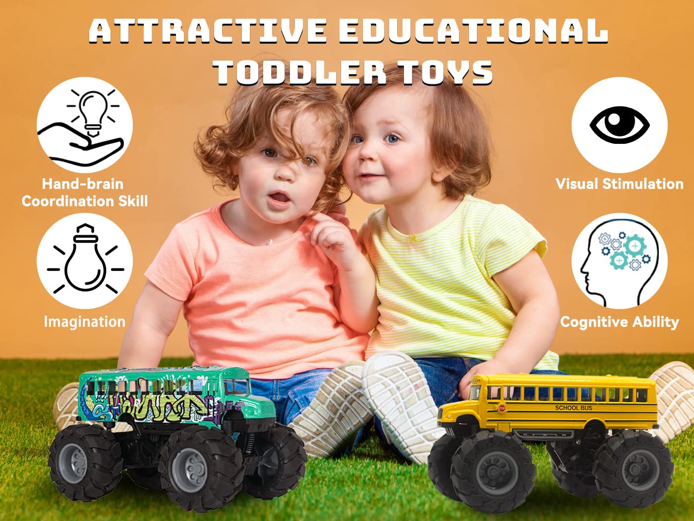 Crelloci Die Cast School Bus Monster Truck Toy - 2 Pack, Rubber, Yellow, Pull Back Car, Ideal Gift for Toddlers and Kids