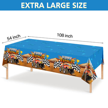 Monster Truck Tablecloth Happy Birthday Monster Truck Party Table Cover Monster Machine Table Cover Grave Digger Theme Checkered Flag Tablecloth For Birthday Party Decorations Supplies(6 Pieces)