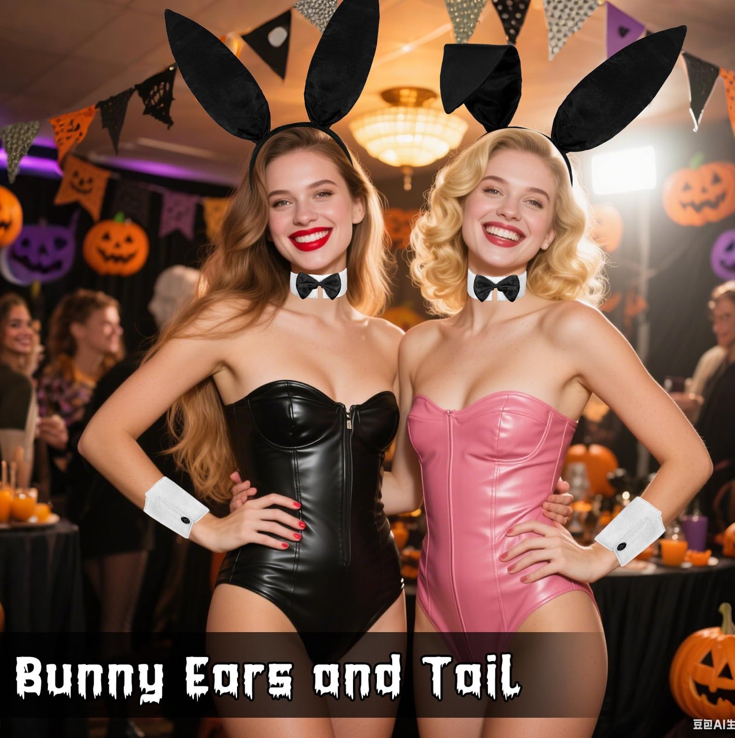 Voiiake Bunny Ears Headband Bow Tie Cuffs and Tail - Bunny Costume Accessories for Women - Halloween Black Rabbit Ears for Party Outfit