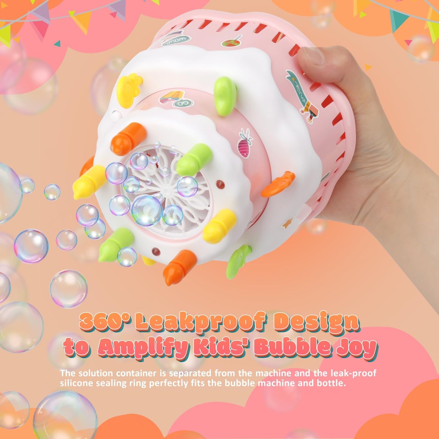 Kulariworld Bubble Machine, Automatic Birthday Cake Bubble Maker Blower With Solution For Kids Toddlers Outdoor Indoor Play Easter Party, Toy Gift For Little Boys Girls (Pink)