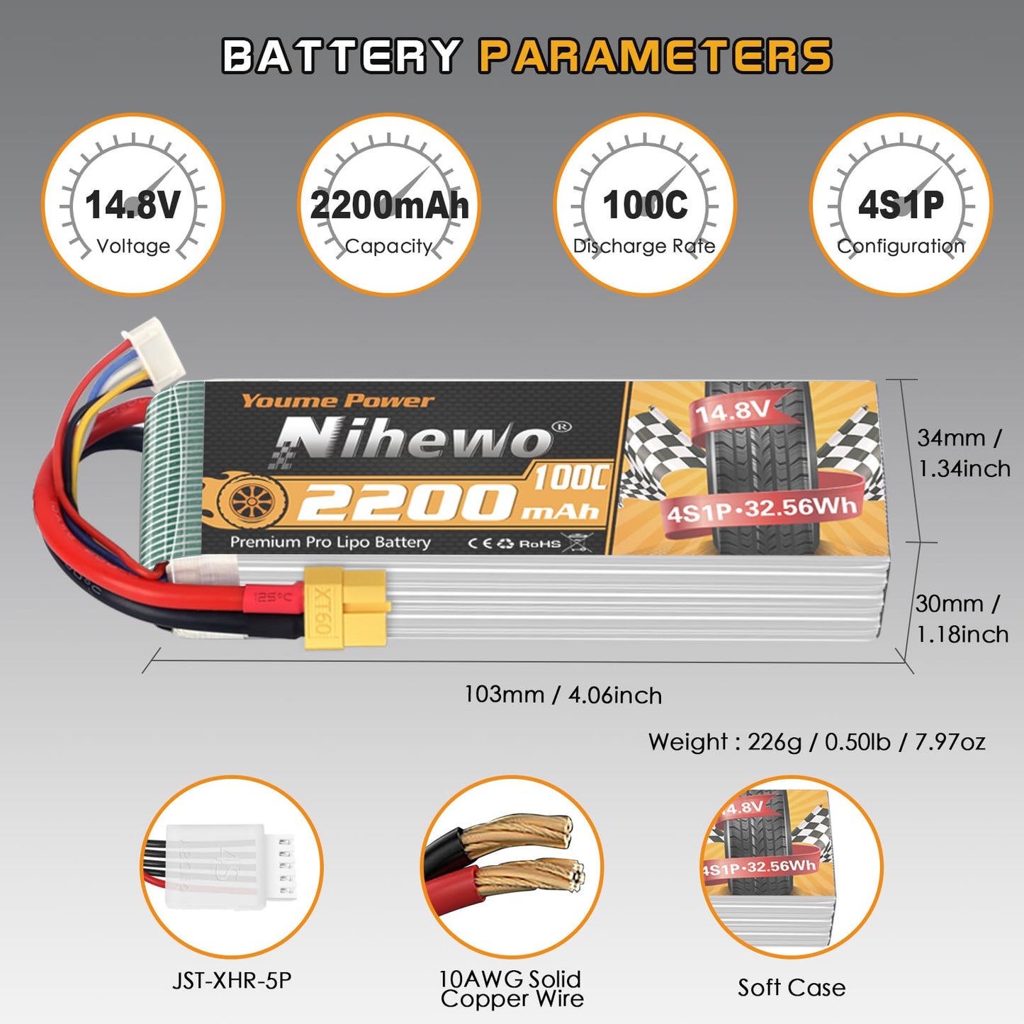 Nihewo 4S Lipo Battery 14.8V 2200Mah Rc Battery Soft Case 100C With Xt60 Plug For Fpv Drone Rc Quadcopter Helicopter Airplane Ca