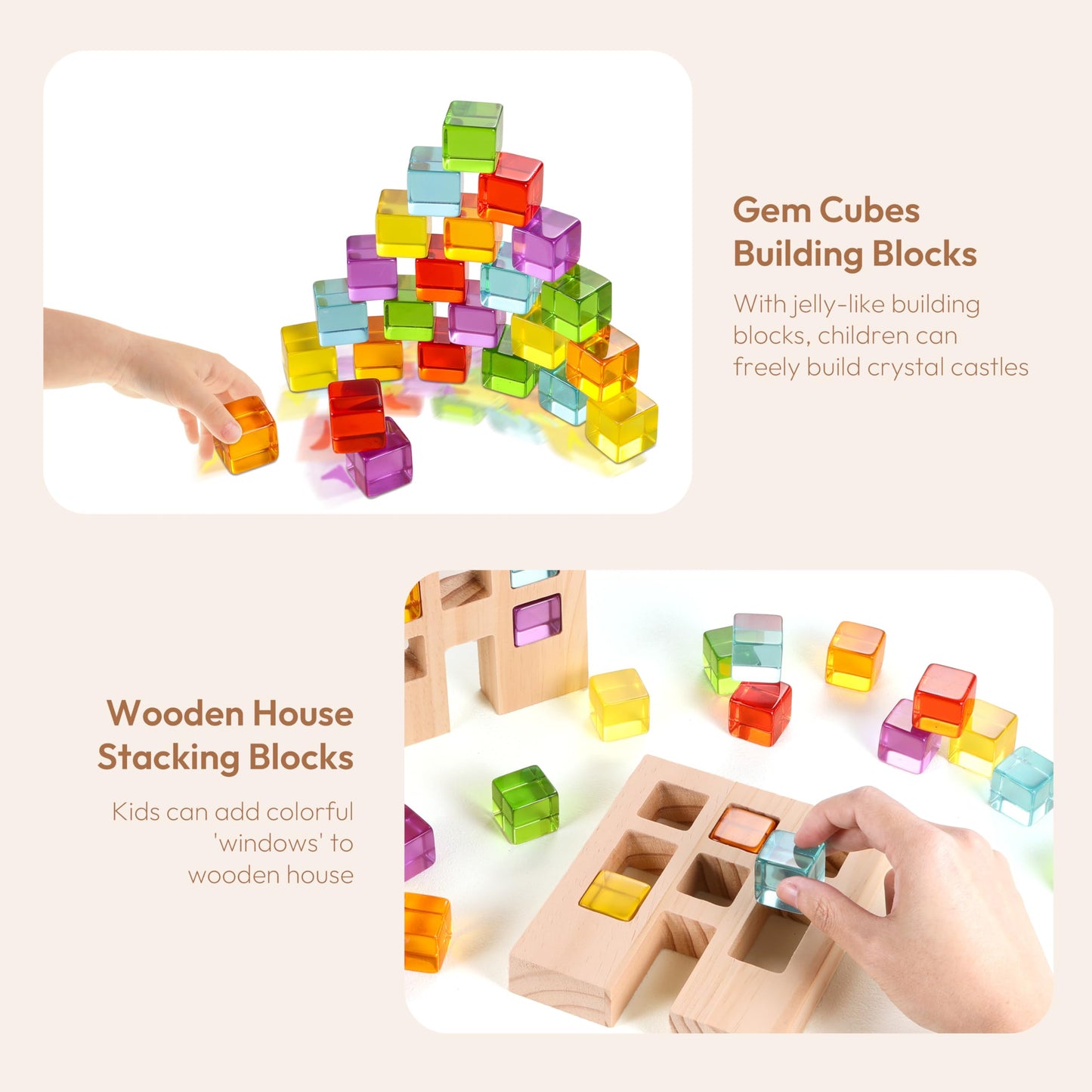 Woodtoe Wooden Building Blocks Set For Kids, 24 Pcs Rainbow Gem Cubes Stacking Blocks - 2 Wood House, Montessori Stacking Toy Fo