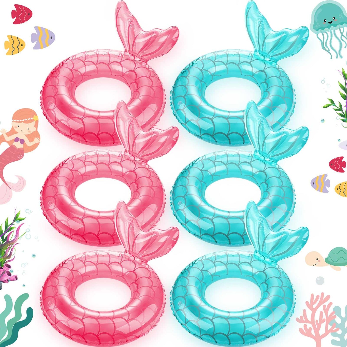 Junkin 6 Pcs Mermaid Tail Pool Floaties Inflatable Swim Float Mermaid Pool Ring 23.6 Inch Inflatable Ring Floatie Summer Beach P