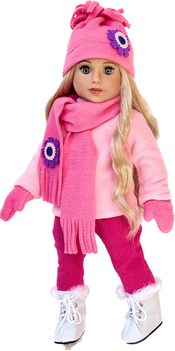 - Ice Skating Fun - 6 Piece Outfit Fits 18 Inch Doll - Pink Fleece Blouse With Stretchy Leggings, Hat, Scarf, Mittens And White Ice Skates - (Doll Not Included)