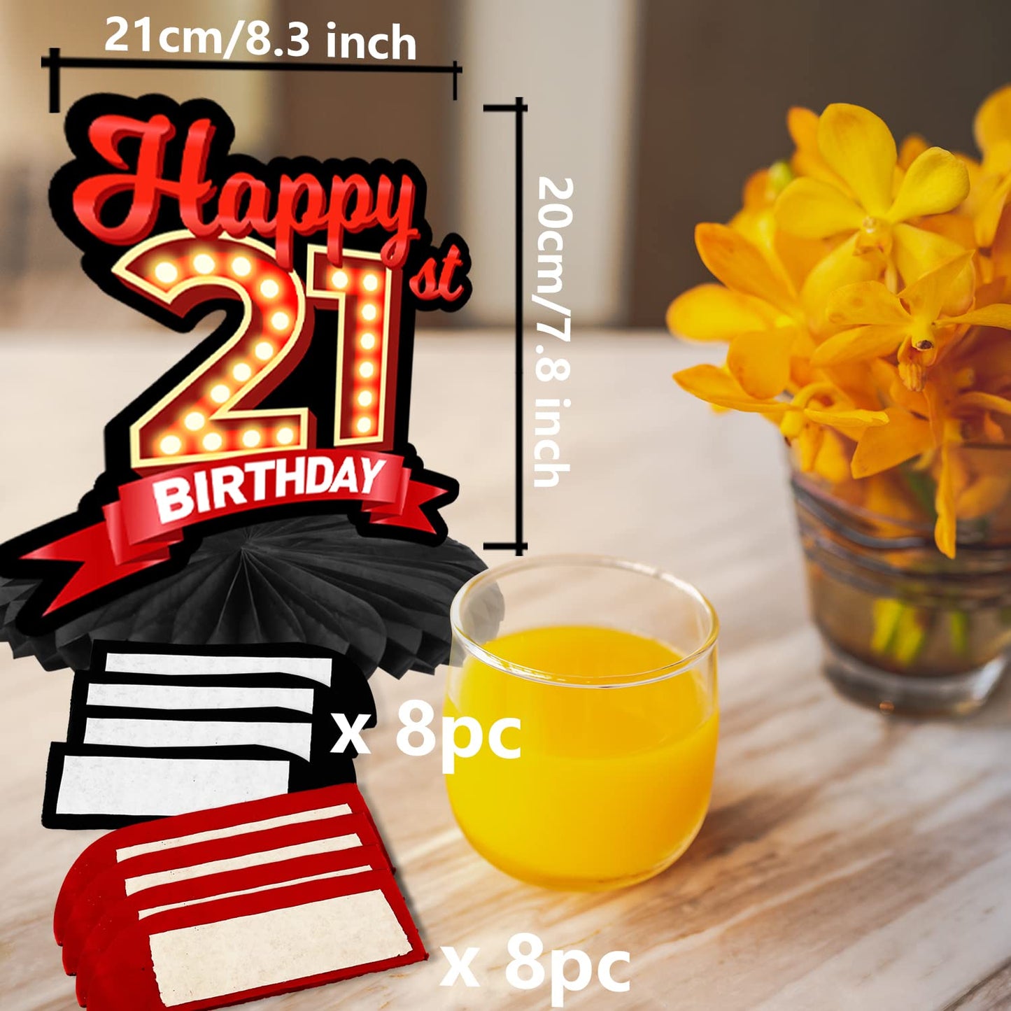 Happy 21St Birthday Red And Black Table Honeycomb Centerpieces Balloons Theme Decor Table Decorations Table Toppers For Girls Women Princess 21 Years Old Birthday Party Bday Supplies Background Gold