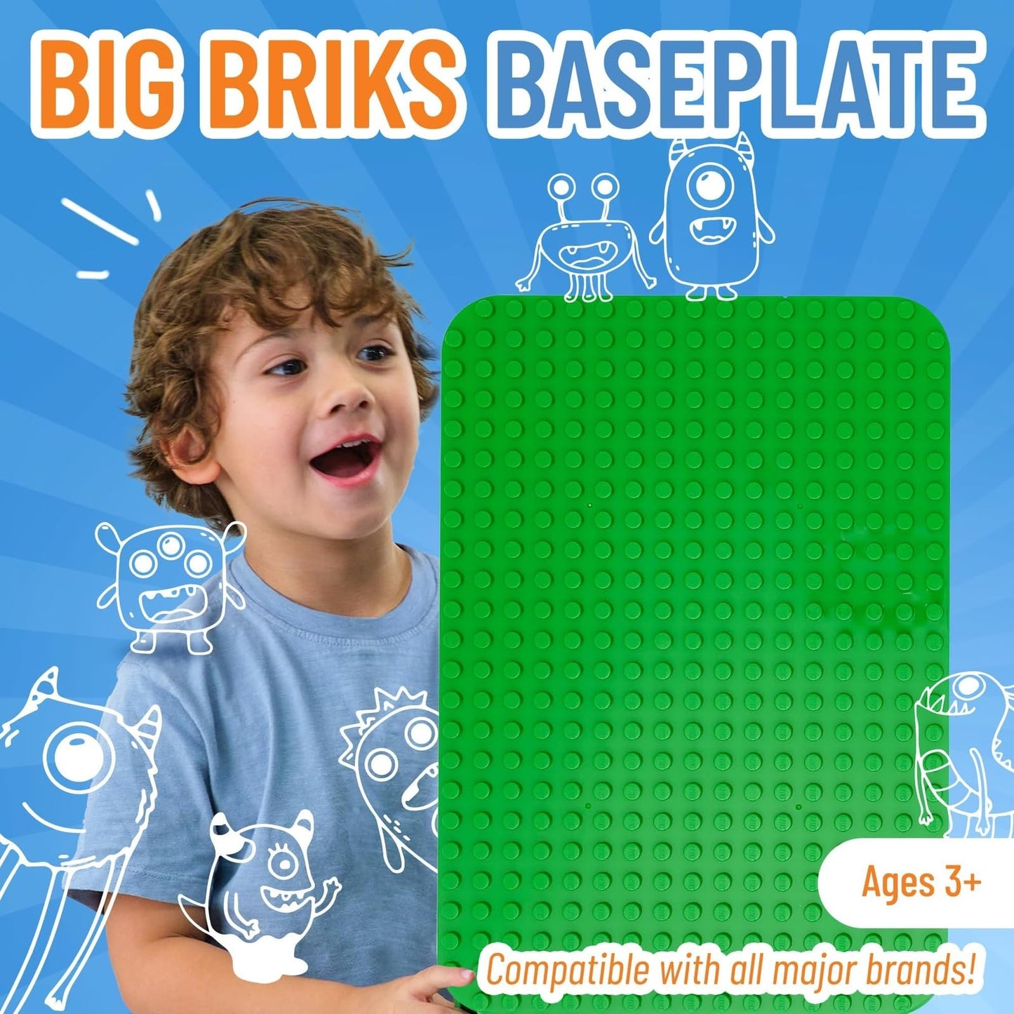 Strictly Briks Toy Building Block - Classic Big Briks Baseplate 15' X 10.5' Large Building Brick Baseplate For Ages 36 Months To 1188 Months, Single Green Flat Bottom Base Plate, 1 Pc