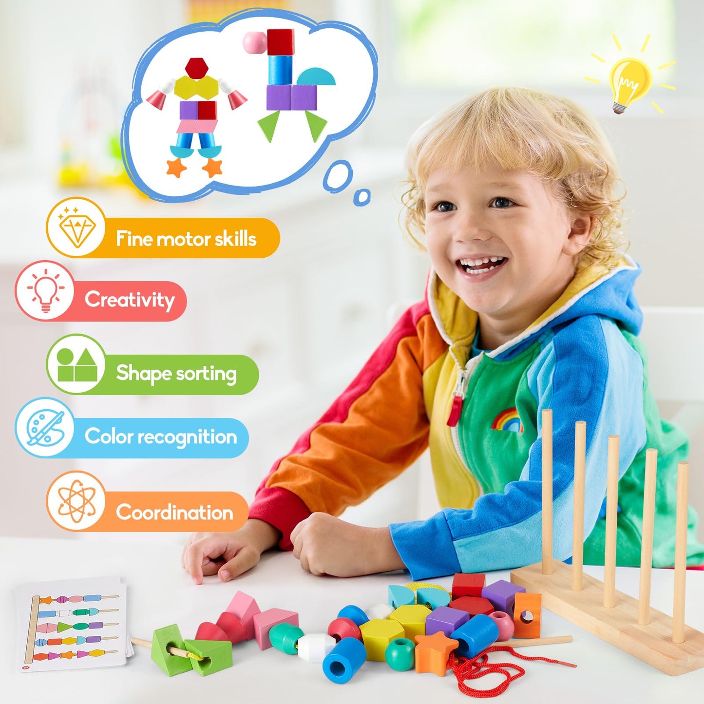 Zgimi Montessori Wooden Toys, Lacing Beads & Stacking Block & Matching Shape Stacker, Montessori Wooden Beads Sequencing Toy Set
