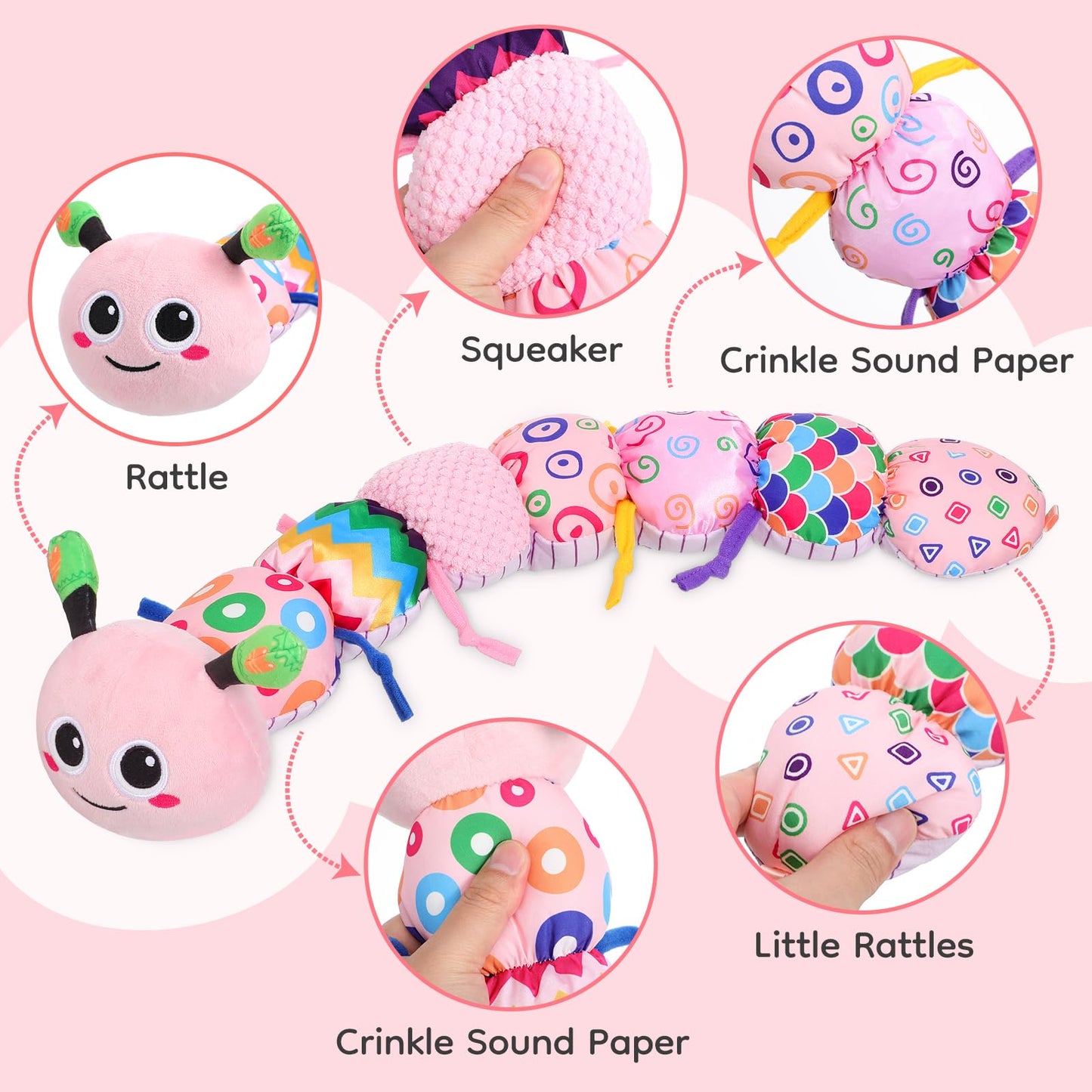 Baby Sensory Toys 0-6 Months - Tummy Time Gifts Stuffed Caterpillar Toys For 0-3 3-6 6-9 6-12 Months Newborn Infant Rattles Crin