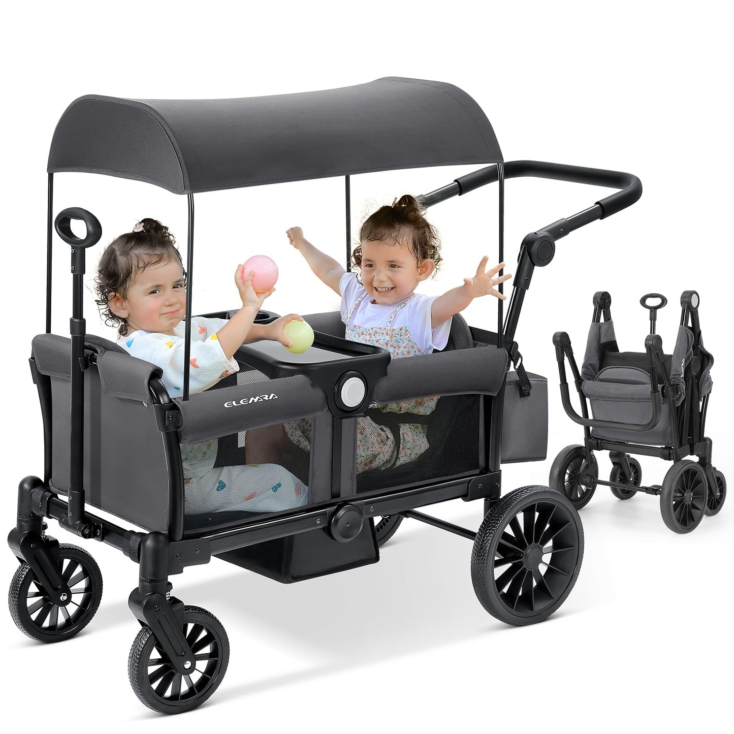 ELEMARA Stroller Wagon, 2 Seat Stroller for 2 Kids, Premium All Terrain Stroller for Kids w/Removable Canopy, Adjustable Push/Pu