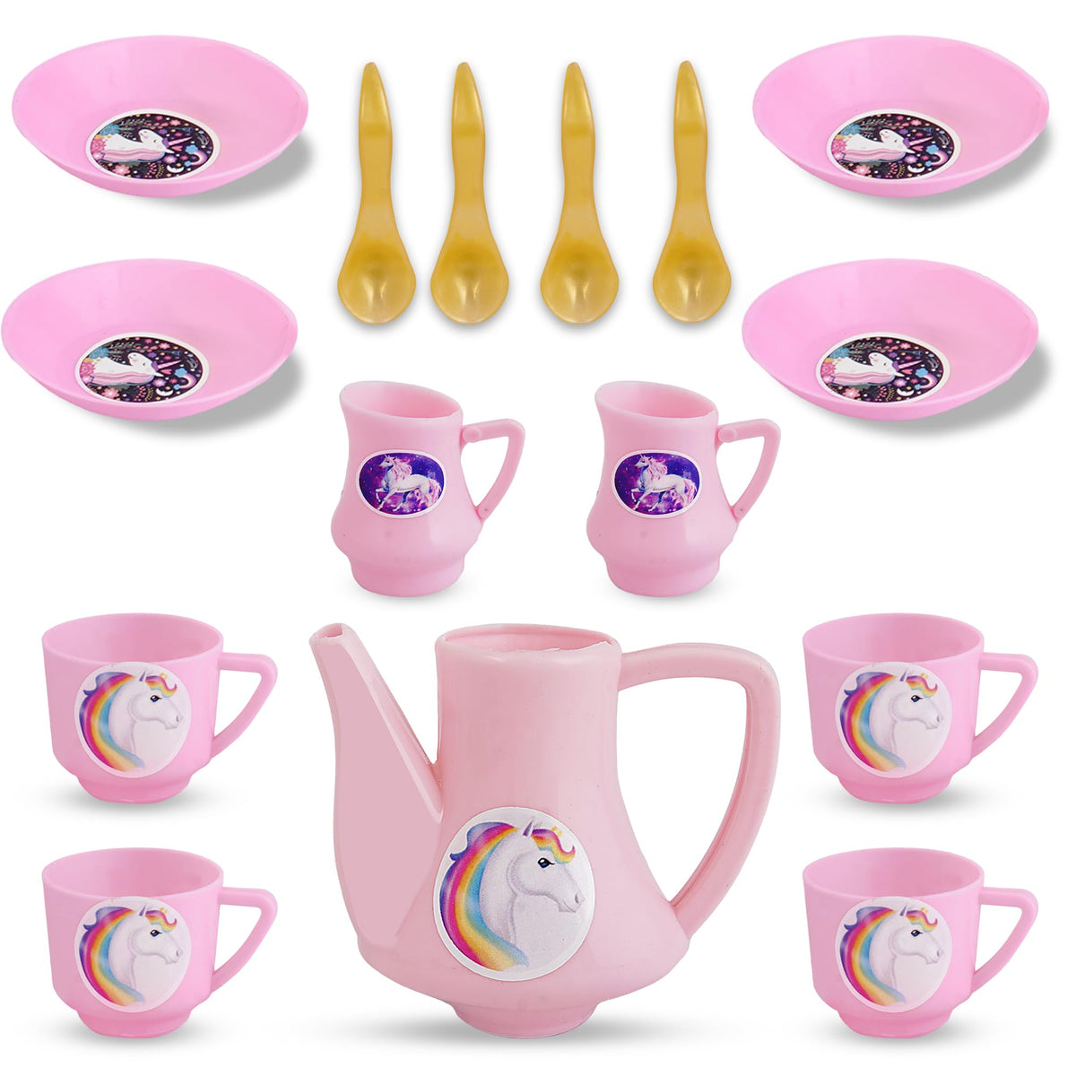 VGRASSP Plastic Tea Party Pretend Play Kitchen Coffee Set 15 Pc Toy Pot, Cups, Saucers, Kettle, Milk Pots & Spoons Fun Learnin