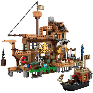 Riceblock Pirate Ship Building Toys, Pirate Wharf Themed City Store Building Bricks Sets For Boys Age 8-12, 573 Pieces, Ideal Fo