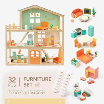 Giant Bean Large Wooden Dollhouse - 3-Story Playset with 32 Furniture Pieces, Balcony, 30" x 28" x 13", Candy Color, Model GA20043