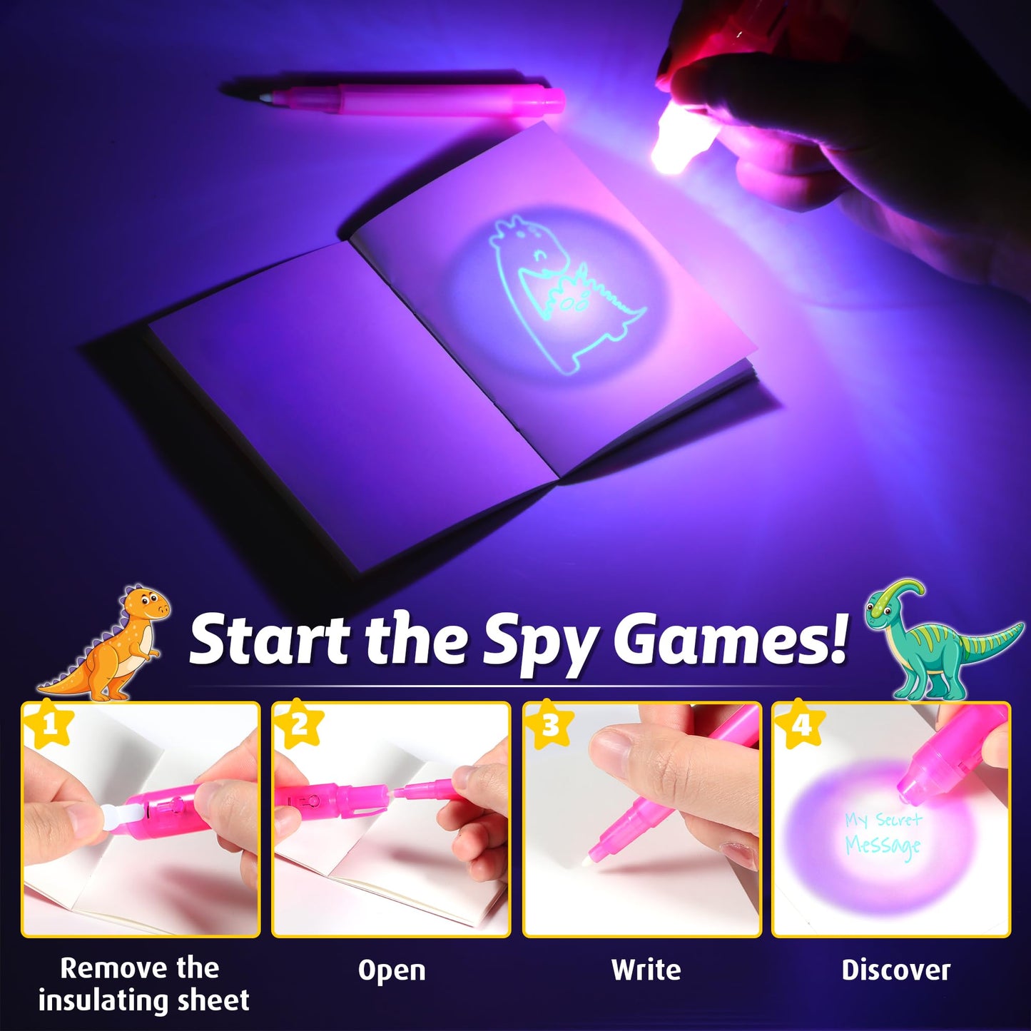 Giftinbox Invisible Ink Pens With Uv Light For Kids, Spy Pen Dinosaur Party Favors For Kids, 24Pack Invisible Ink Pen And Notebook, Uv Pen For Secret Message Escape Room Birthday Party Favors For Kids