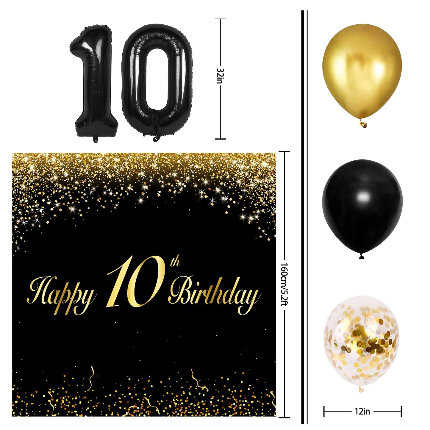 Happy 10Th Birthday Balloons Black Set Decor - Cheers To 10 Years Old Party Theme Garland Banner Backdrop Decorations For Boy An