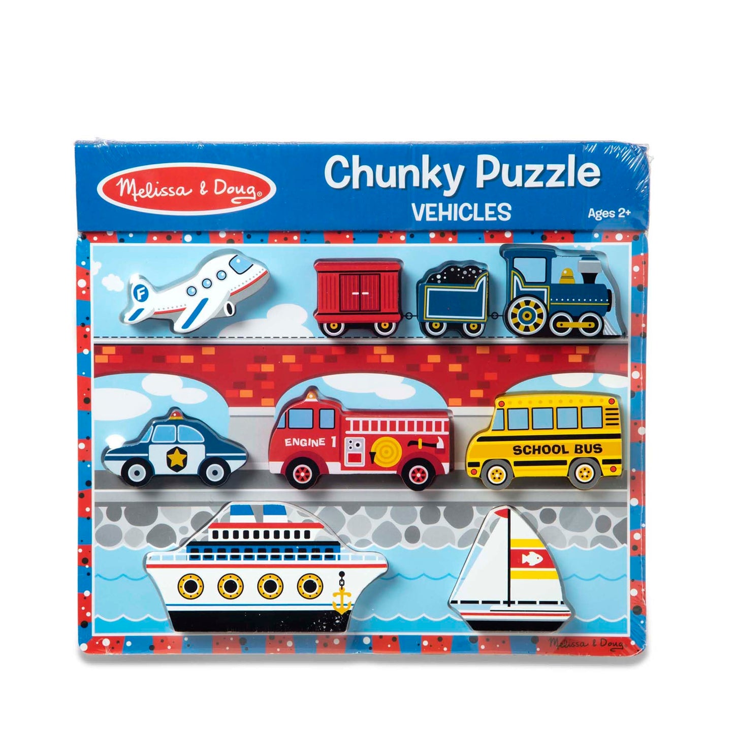 Melissa & Doug Vehicles Wooden Chunky Puzzle - Plane, Train, Cars, And Boats (9 Pcs) - Fsc Certified