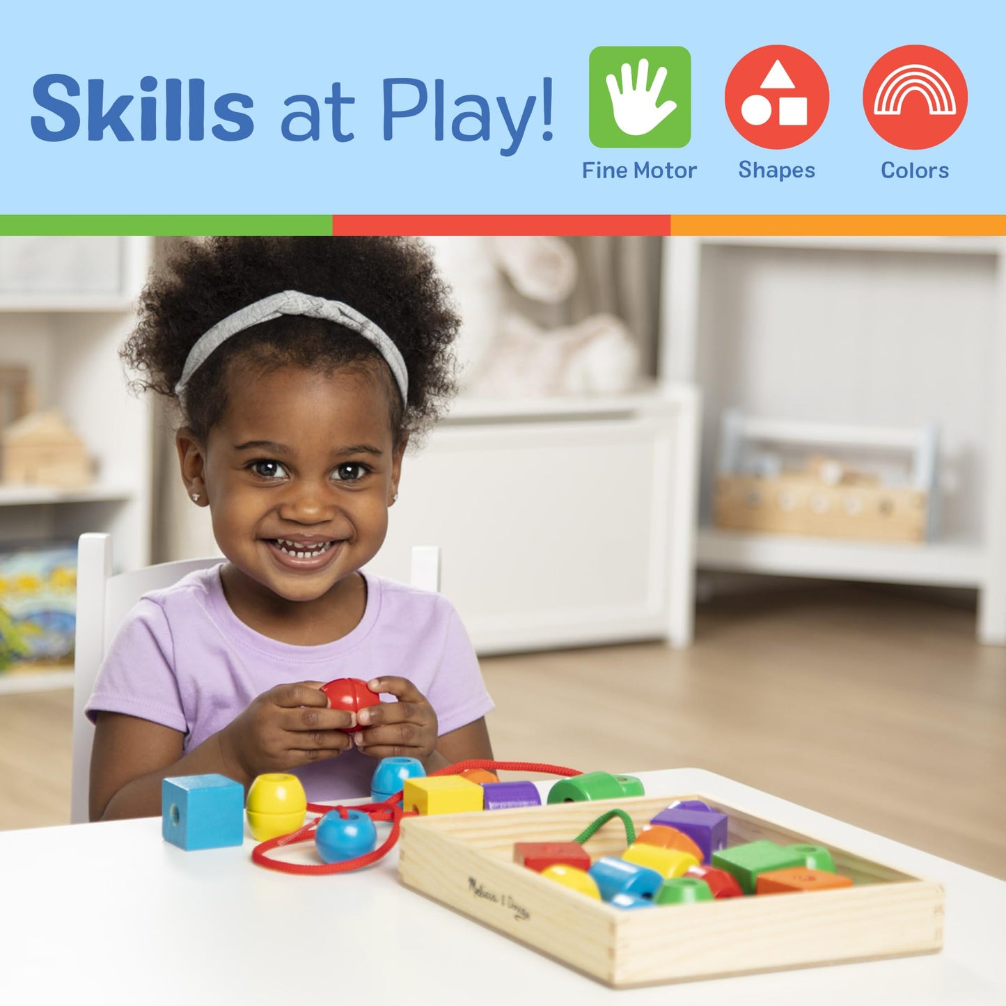 Melissa & Doug Primary Lacing Beads - Educational Toy With 30 Wooden Beads And 2 Laces - Beads For Toddlers, Fine Motor Skills Lacing Toys For Toddlers And Kids Ages 3+, 8Inx8Inx2In, Multi