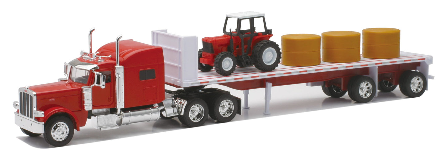 NewRay Peterbilt 389 Playset with Hay & Farm Tractor, 1/32 Scale, Red, Model 10293A, Plastic