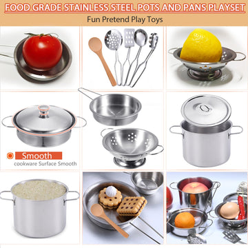 Mini Stainless-Steel Kitchen Toys, Tiny Size Pretend Cooking Utensils Toys For Kids, Cookware Pots And Pans Play Set With Cookin