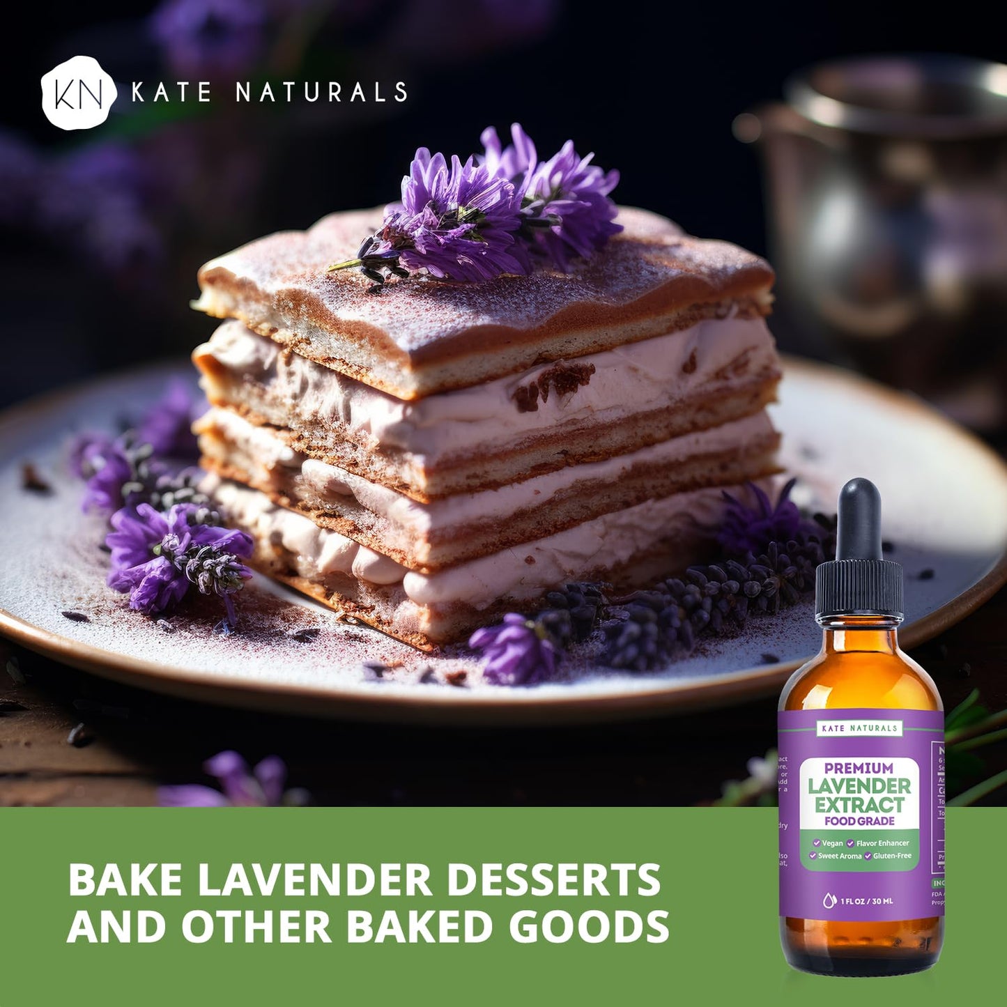 Kate Naturals Lavender Extract - 1oz Vegan Flavoring for Baking & Drinks, Gluten-Free Culinary Lavender Oil