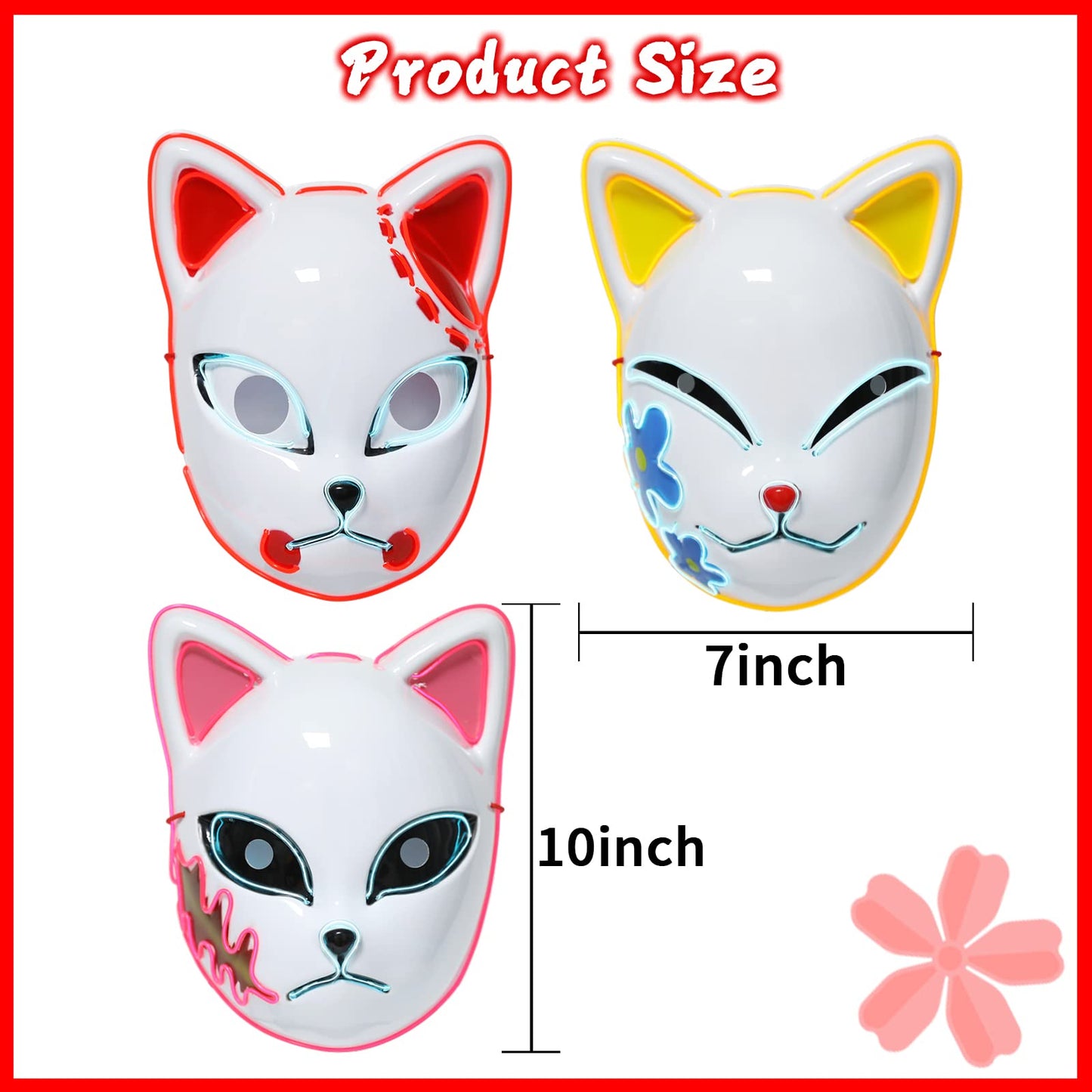 Varuotu Demon Slayers Mask LED 3Pcs Japanese Fox Mask Anime Merch Glowing Masks Halloween Costume Cosplay Masquerade Props (3Pcs