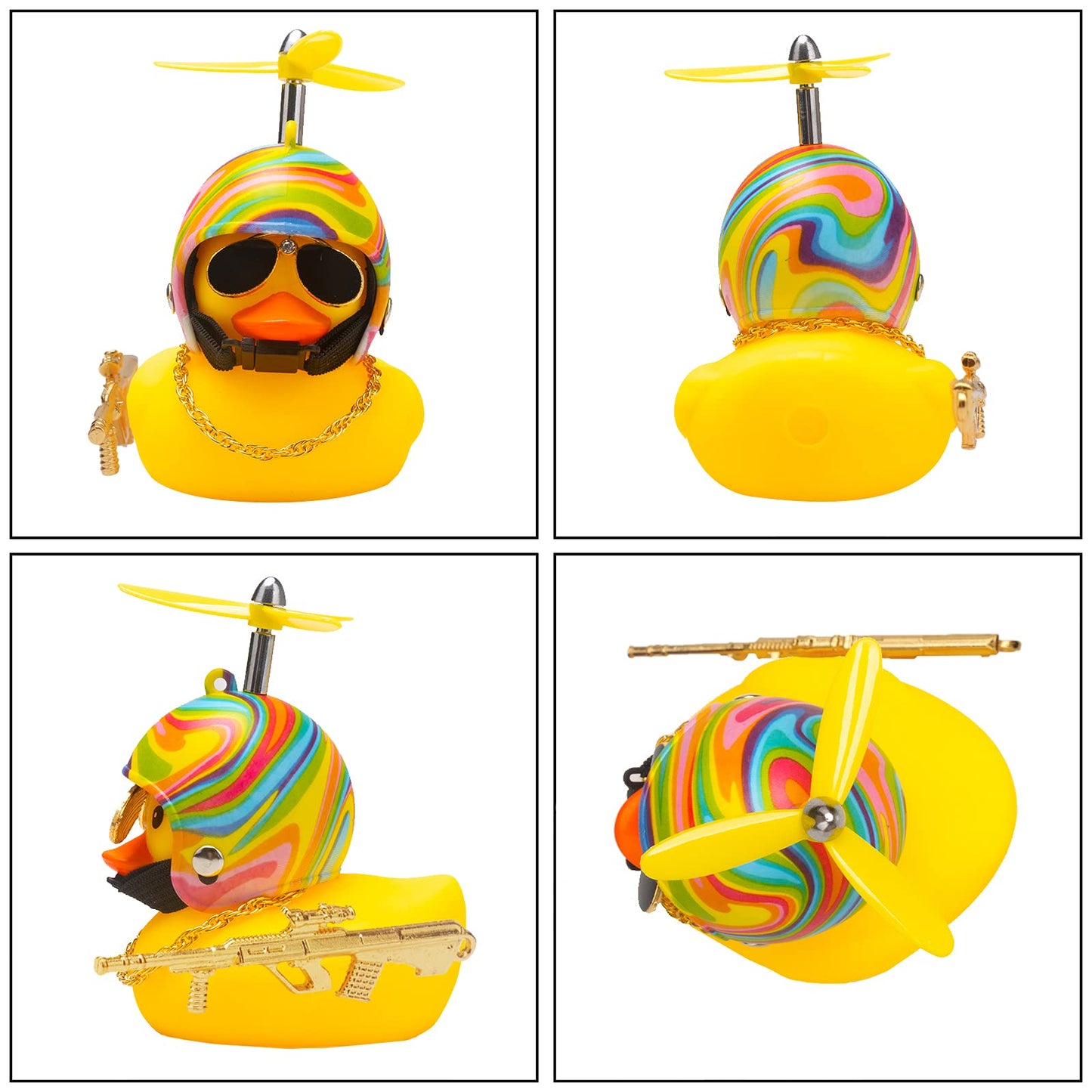 wonuu Rubber Duck Car Ornaments Cool Yellow Duck Car Dashboard Decorations Squeaky Glasses Duck with Propeller Helmet for Car ccessories Dashboard (Rainbow-Yellow G)