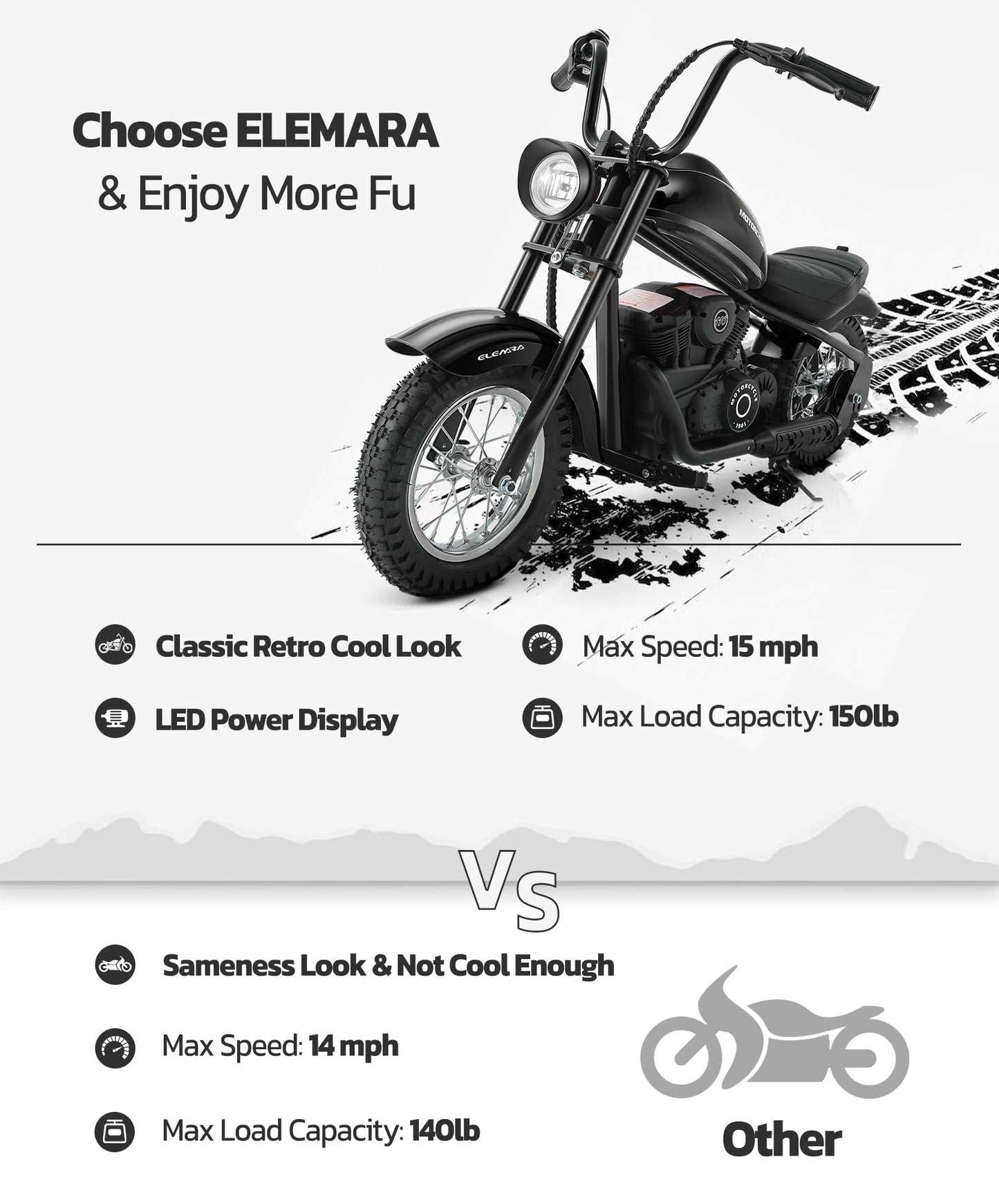 Elemara Electric Dirt Bike, 15 Mph & 150Lb Max, 24V Ride On Toy For Big Kids W/Led Lights & Power Display, Chain-Driven Motor, T