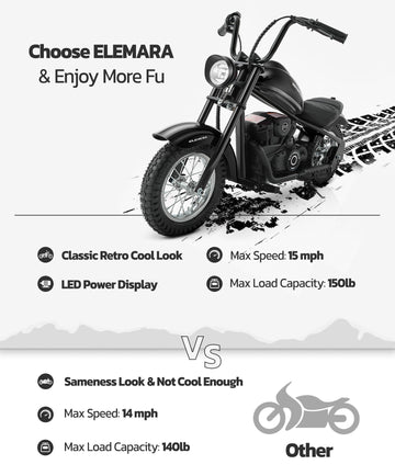 ELEMARA Electric Dirt Bike, 15 mph, 150lb Max, 24V, Large, Black, Model WJL017HEN0X, LED Lights, Chain-Driven, Hand