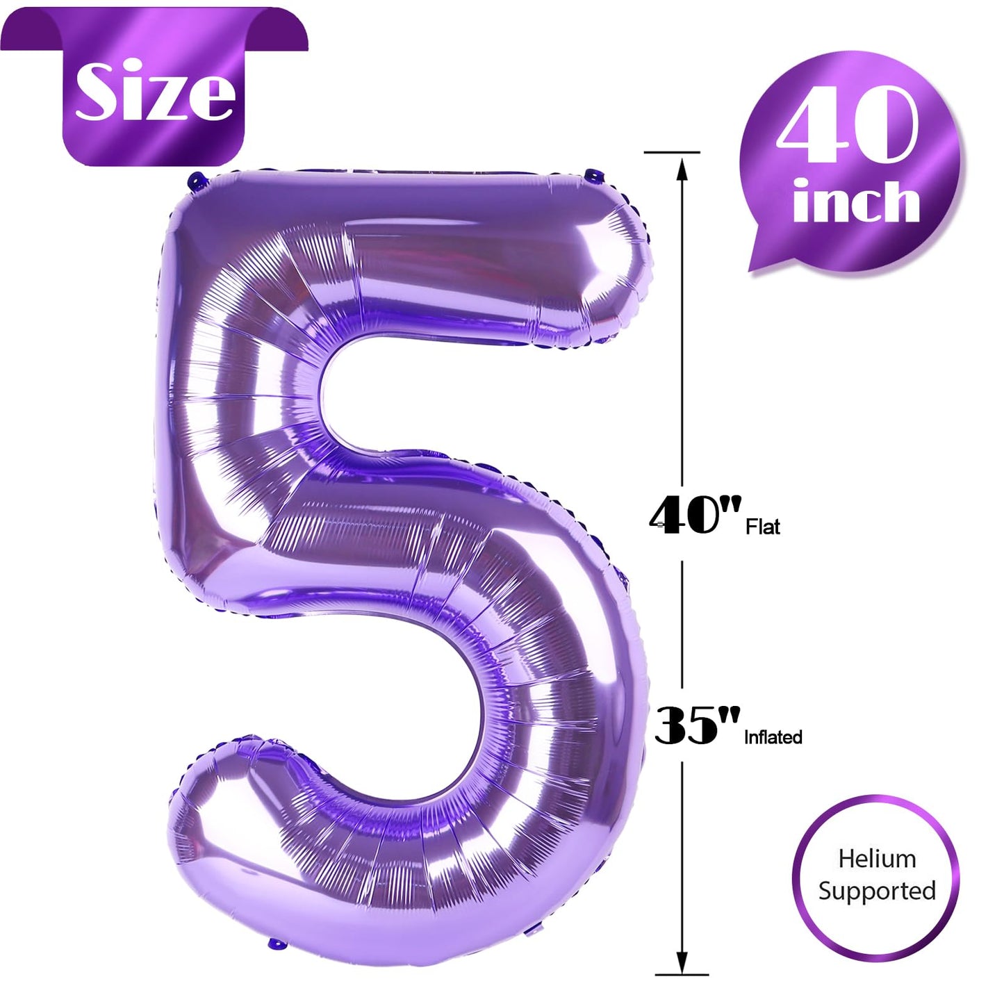 Purple Number 5 Balloon 40 Inch, 5 Balloon Number, 5Th Birthday Decorations, Purple Party Supplies For Boys Girls