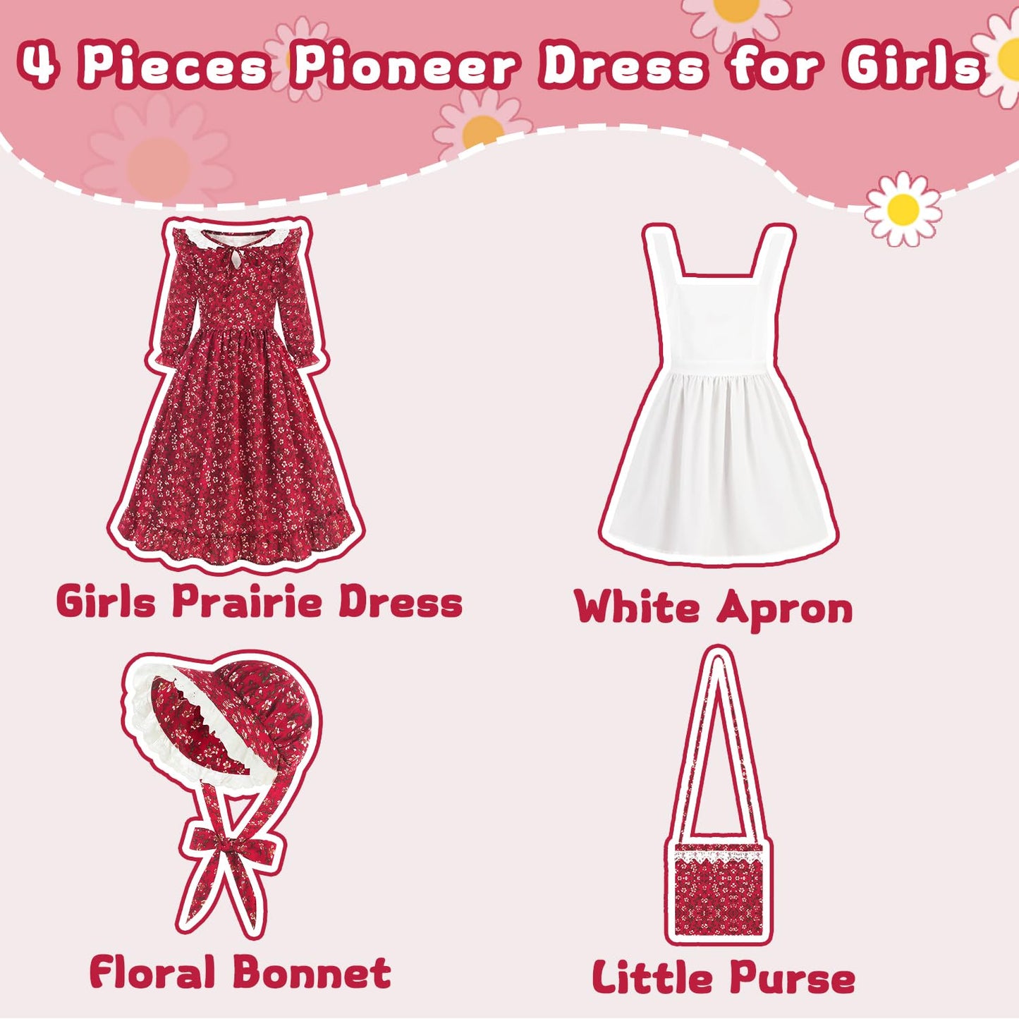 Aoiviss Pioneer Girls Dress Floral Colonial Prairie Costumes For Little Kids With Apron And Bonnet, Dark Red