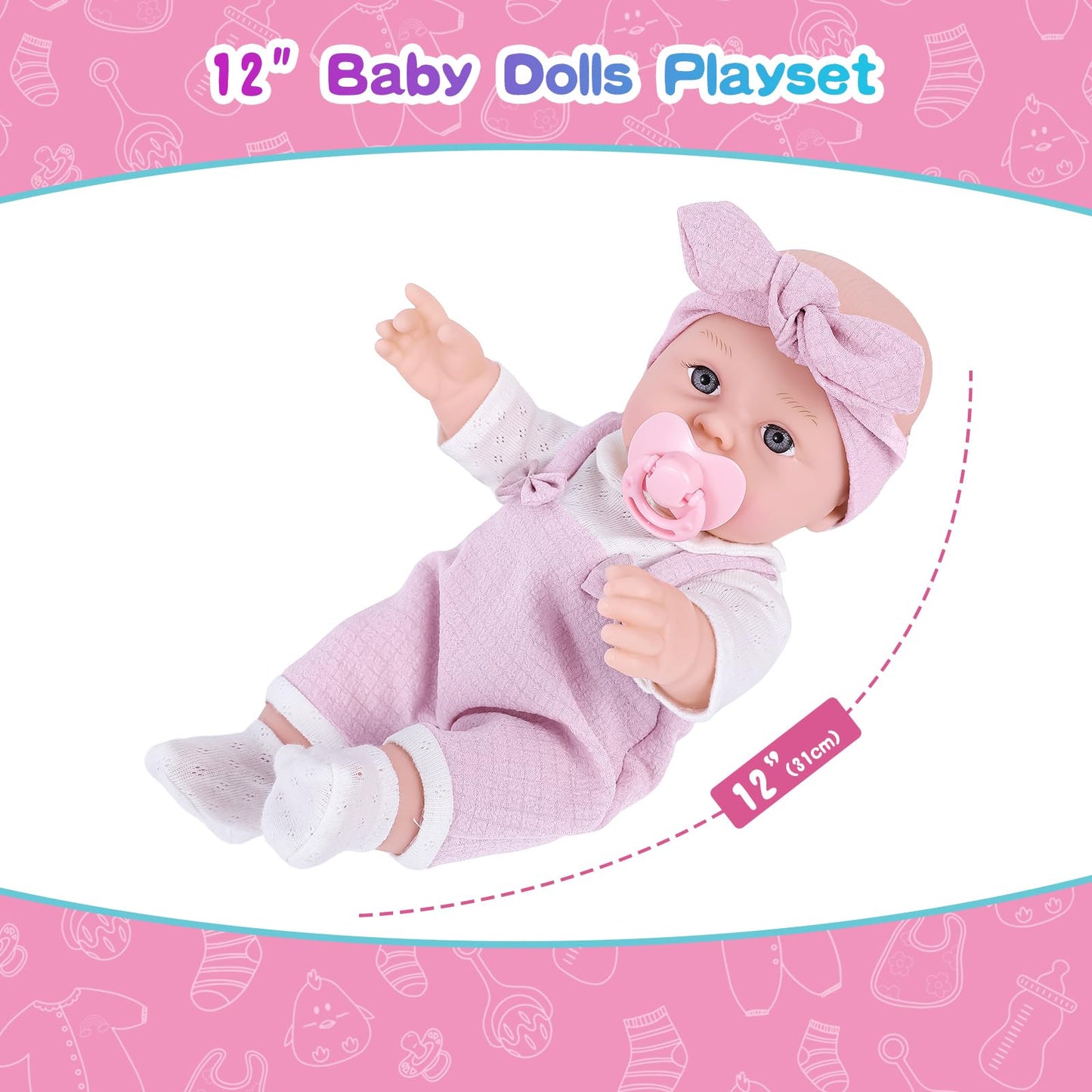 Bddoll 12 Inch Baby Doll Playset With Clothes And Dolls Carrier Accessories Included Baby Carrier, Bottles, Nipple, Socks, Headbands