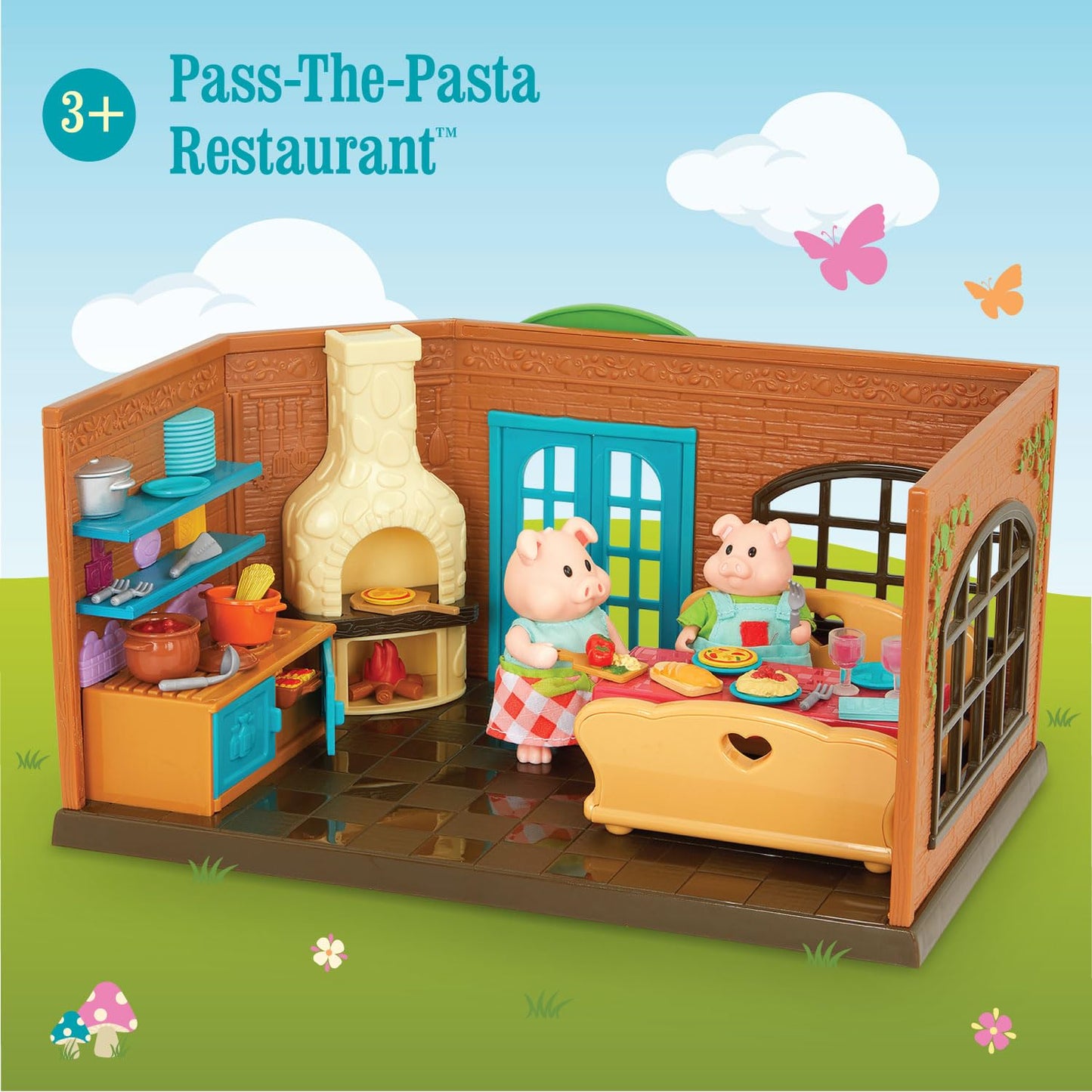 Li'l Woodzeez Pass-The-Pasta Restaurant Playset - 34 Pcs Dollhouse with 2 Posable Dolls & Accessories - Stackable Playset for Kids 3+